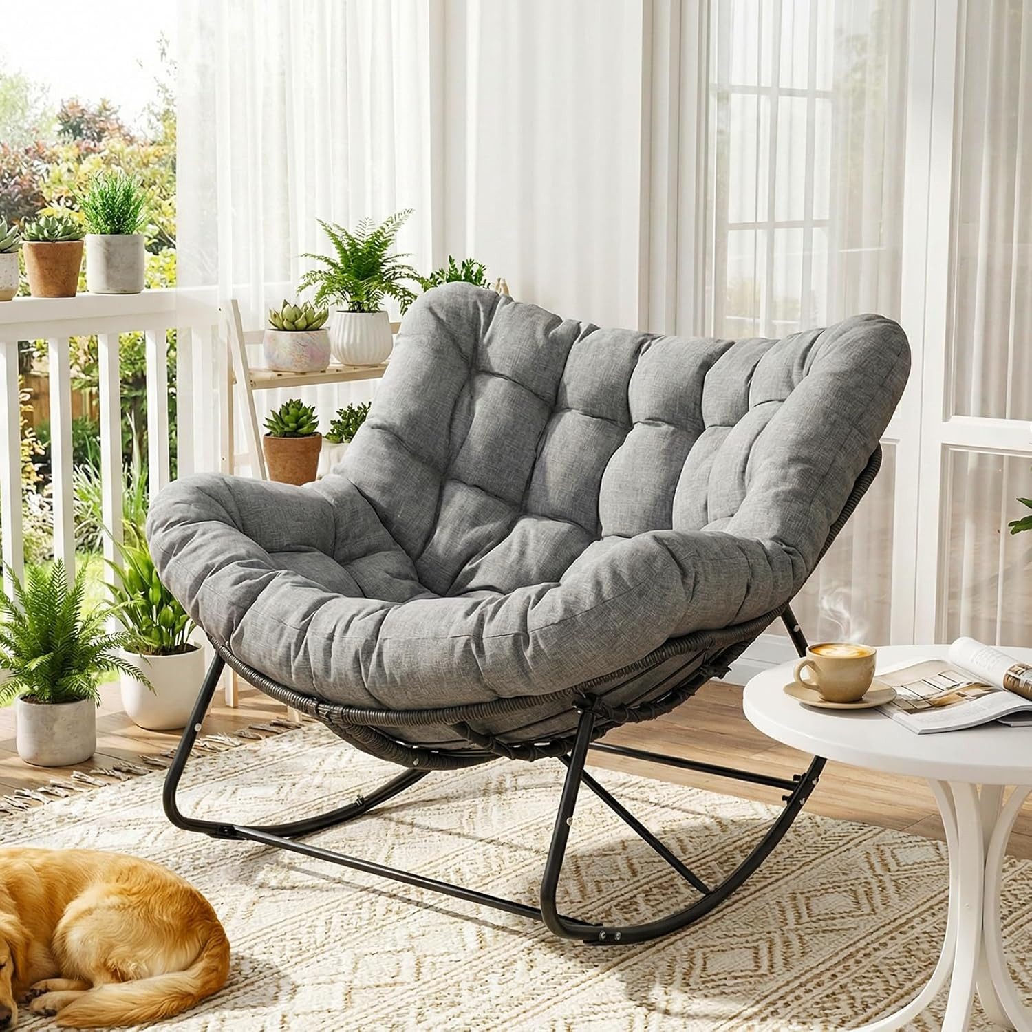 TLGREEN Schaukelstuhl mit Rattan,elegante Eiform, leiser Schaukelkomfort,dickem Abnehmbar Polster & Metallrahmen, Belastung von 150kg