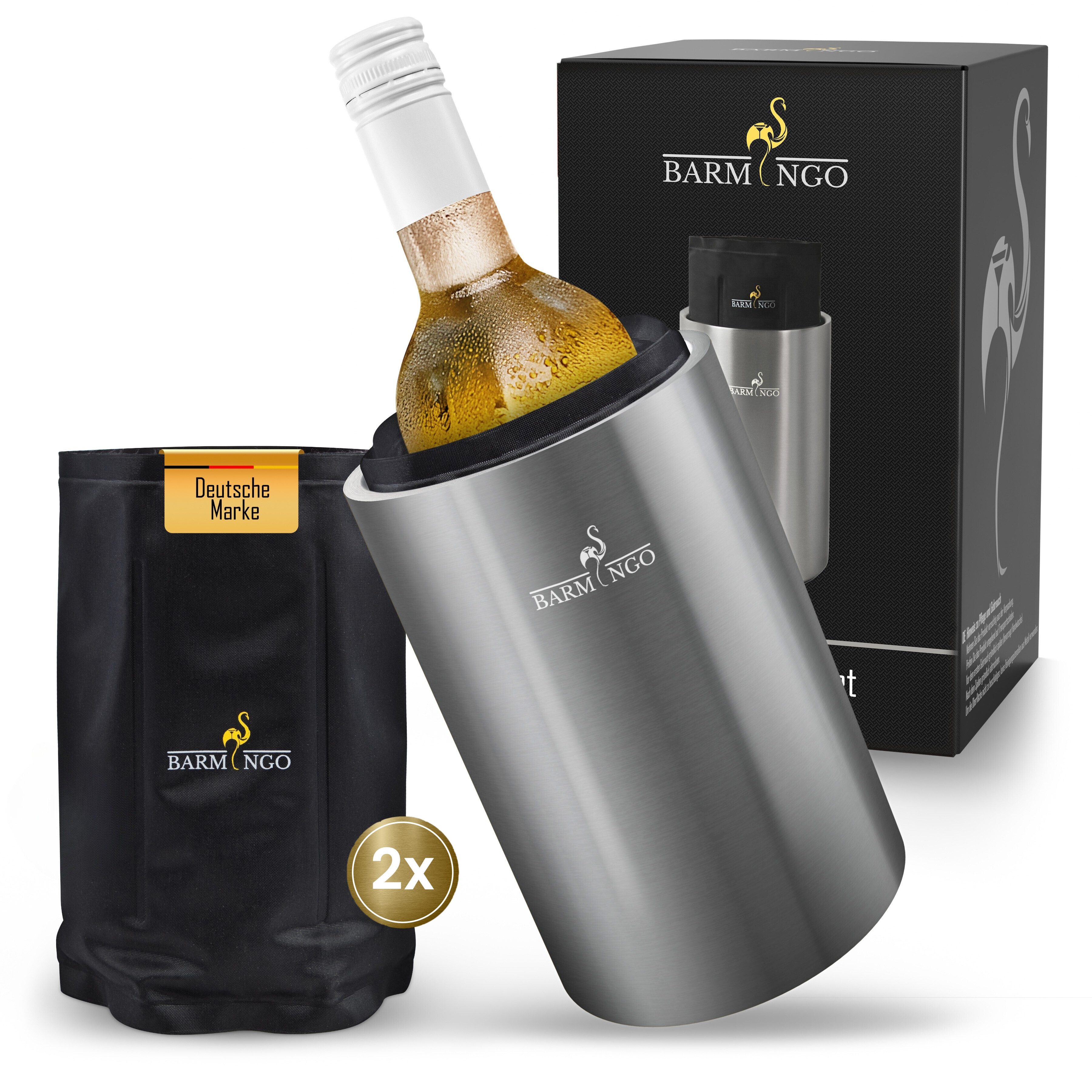 BARMINGO Wein- und Sektkühler Edelstahl mit 2 Kühlmanschetten, Weinflaschenkühler & Getränkekühler, doppelwandiger Flaschenkühler für Wein, Sekt & Champagner