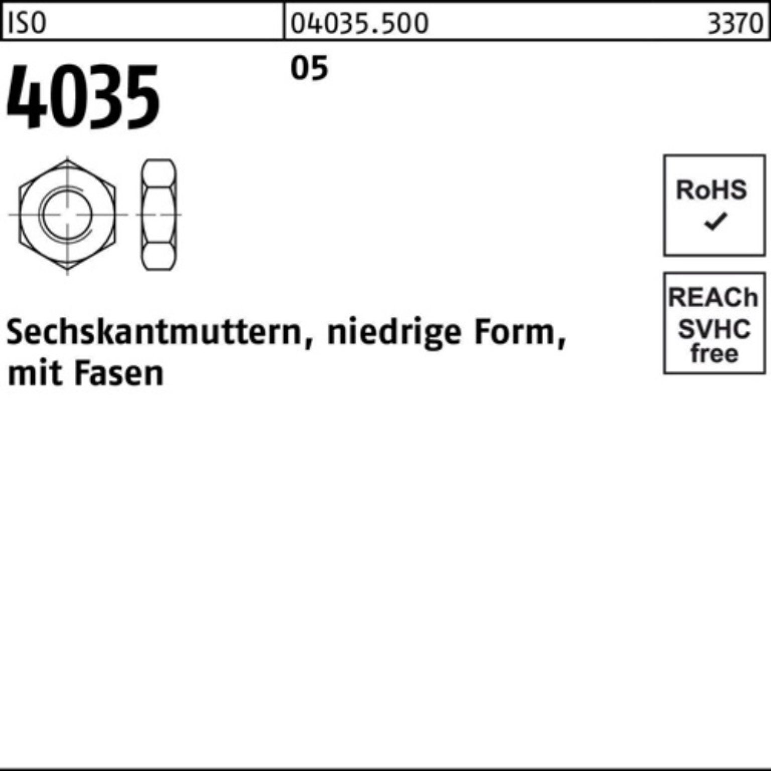 Reyher Muttern 100er Pack Sechskantmutter ISO 4035 niedrig Fasen M22 5 50 Stück ISO