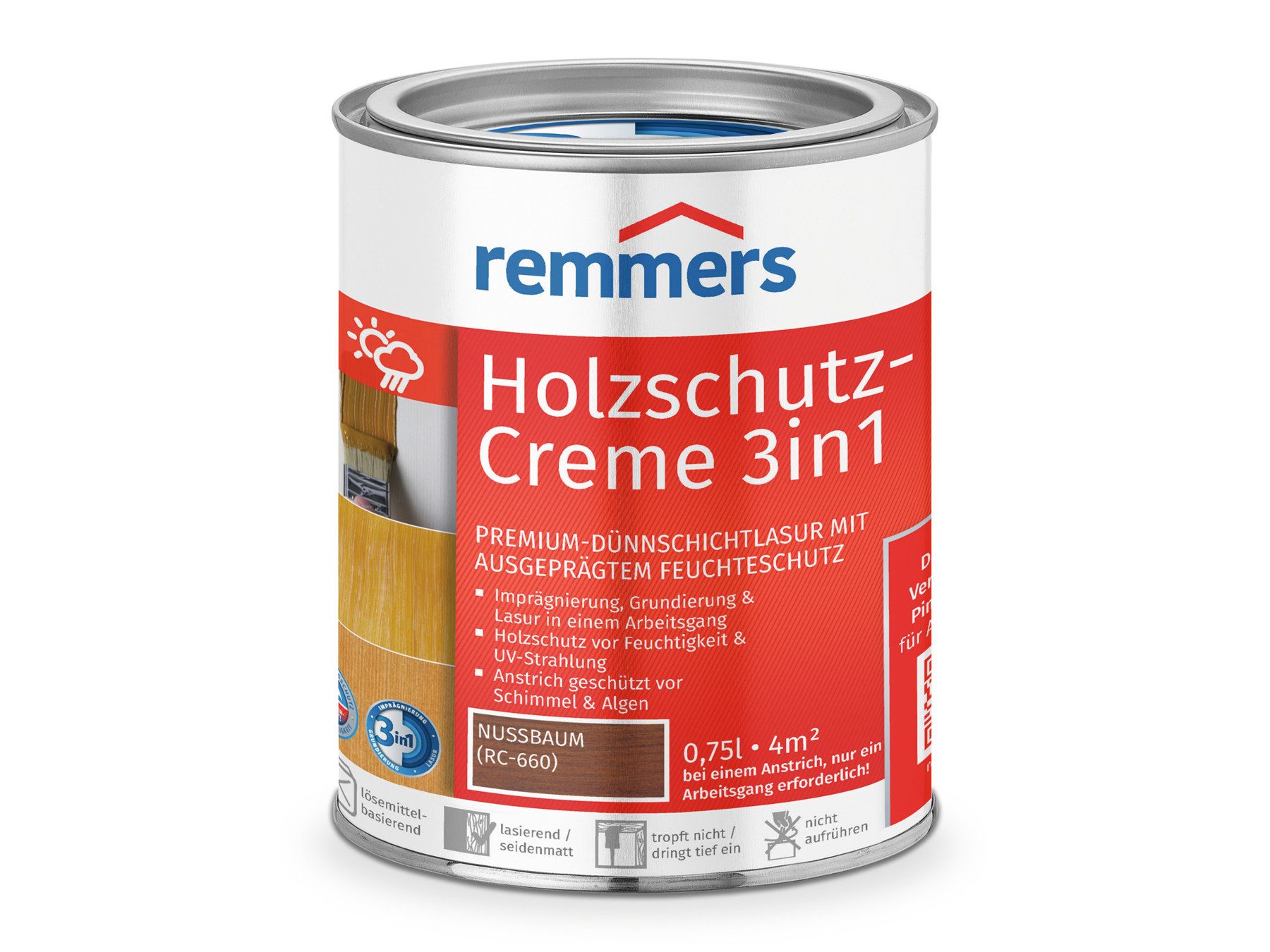 Remmers Holzschutzlasur Holzschutz-Creme 3in1 0,75 Liter, 3facher Holzschutz mit Imprägnierung + Grundierung + Lasur