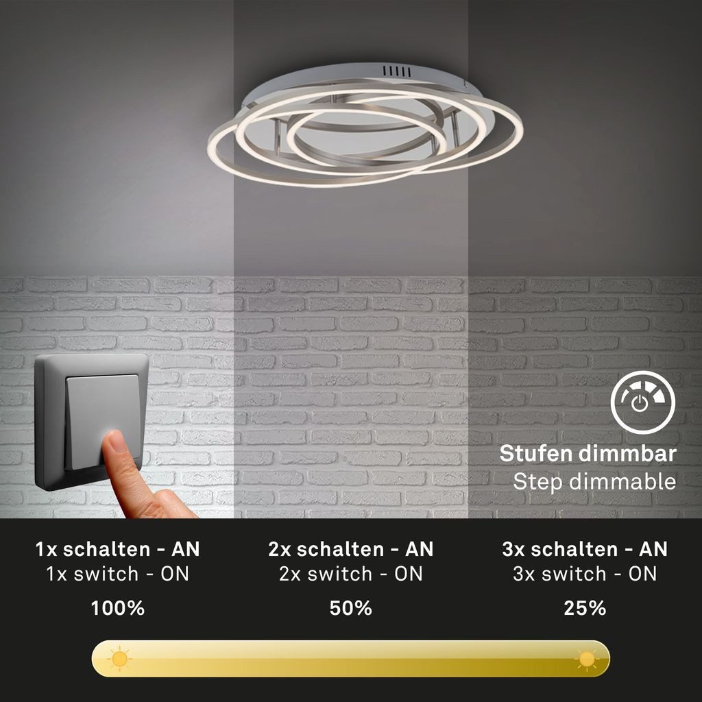 Briloner Leuchten LED Deckenleuchte 3248-018, Dimmfunktion, LED fest integriert, 2700K - Extra-Warmweiß, in Stufen dimmbar, Memoryfunktion, aluminium, Warmweiß 3000K
