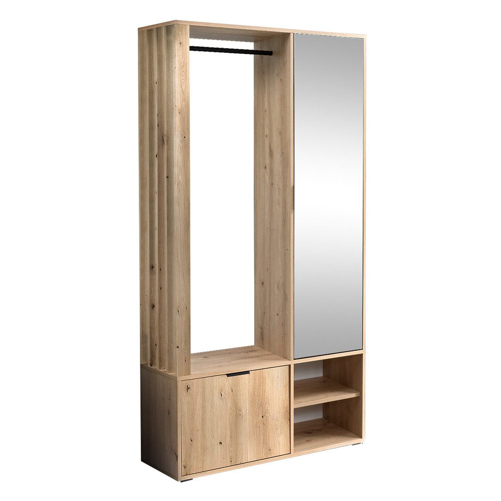 Lomadox Garderobe MINSTER-161, 100 cm breit in Eiche mit Spiegel, Schuhschrank, Kleiderstange, Klappe