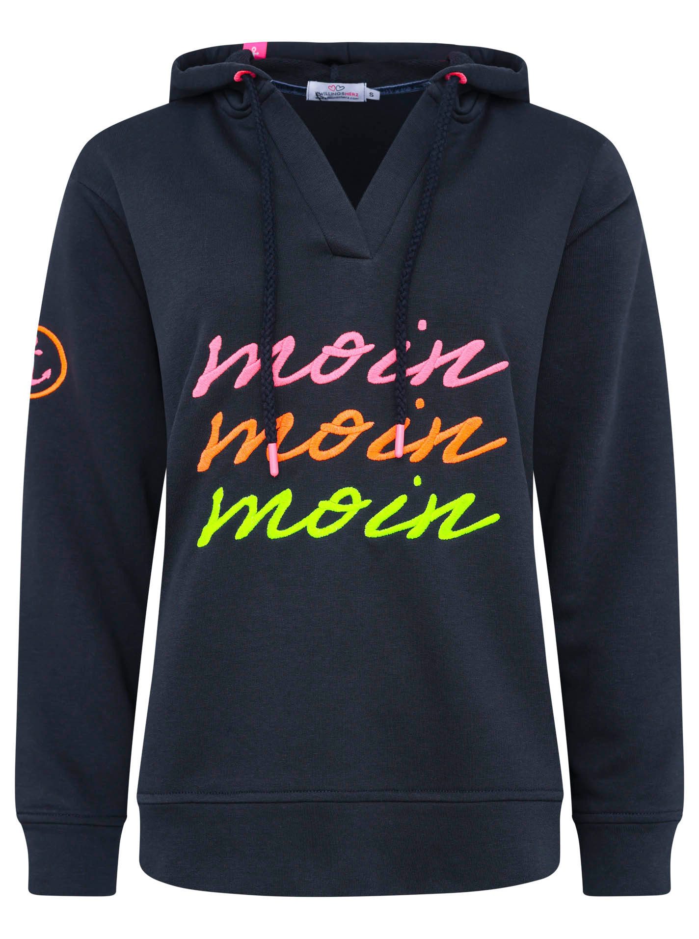 Zwillingsherz Hoodie "Moin Moin Moin" V-Ausschnitt, bunte Stickerei, Kapuze, Kordelzug – Bild 3 von 5