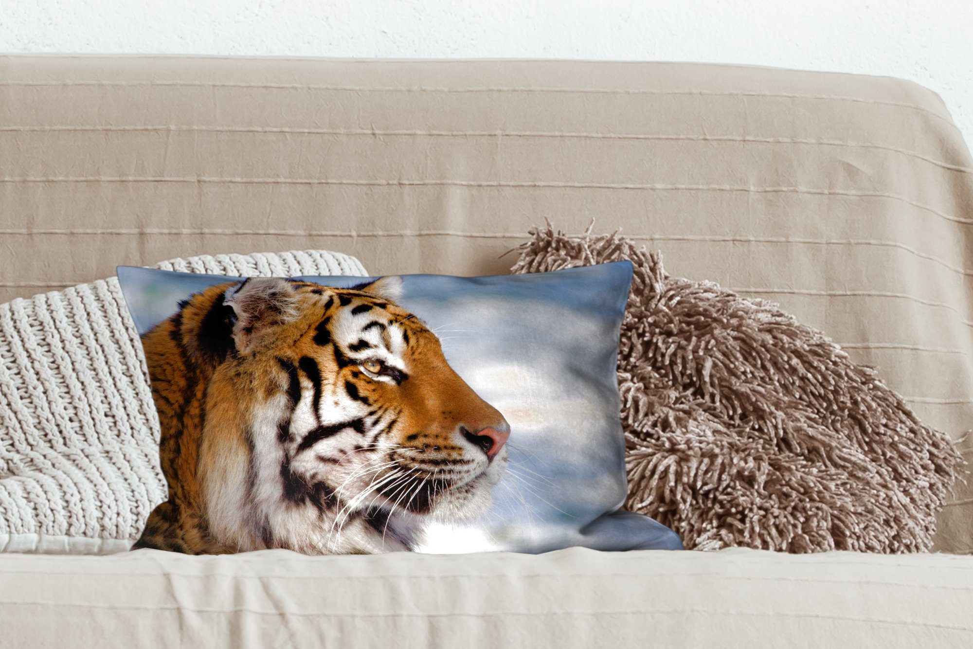 Tiger - Wohzimmer Dekokissen Füllung, - Schlafzimmer Schnee Zierkissen, Dekoration, mit Dekokissen MuchoWow Natur,
