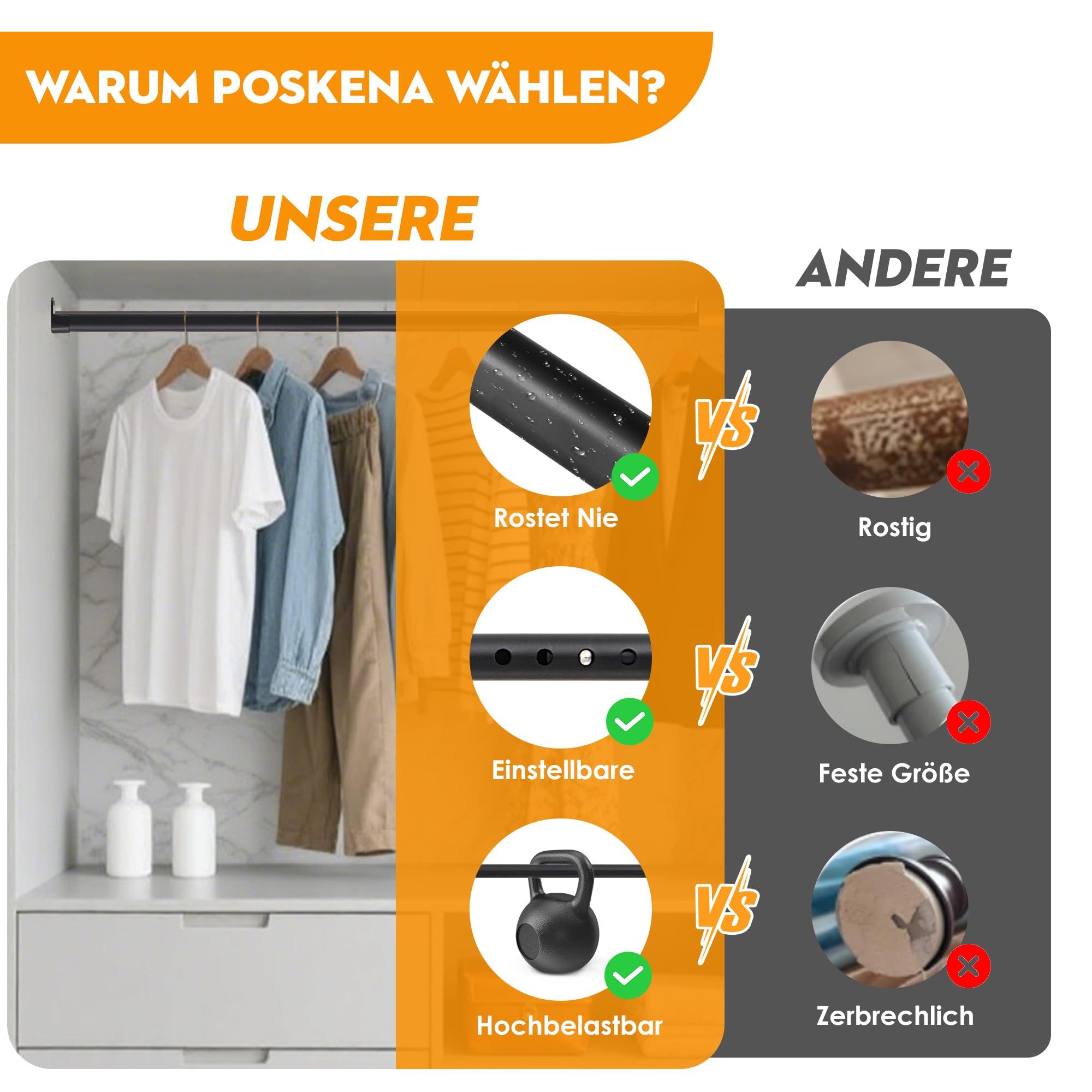 Agger Garderobenstange Kleiderstange für Schrank, Oval, Garderobenstange Wand Ausziehbar, 25mm mit 2 Halterung, für Kleiderschrank, Fenster,Verschiedene Größen – Bild 5 von 5