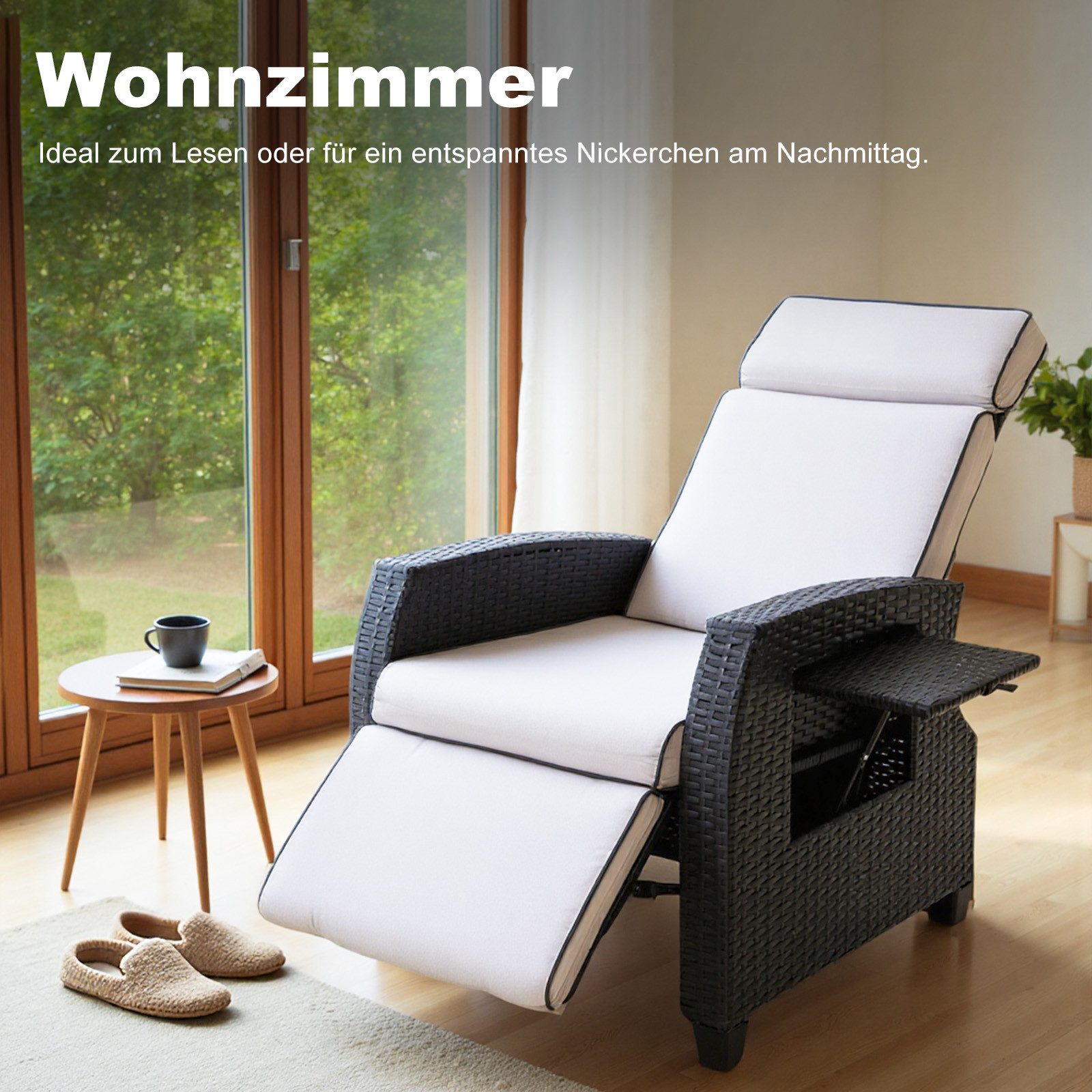 HOMAVO Gartensessel Rattansessel mit verstellbarer Rückenlehne, praktischem Ablagetisch (Maximale Belastung 200 kg, Legierung Stahlrahmen, wetterfest), mit Fußstütze