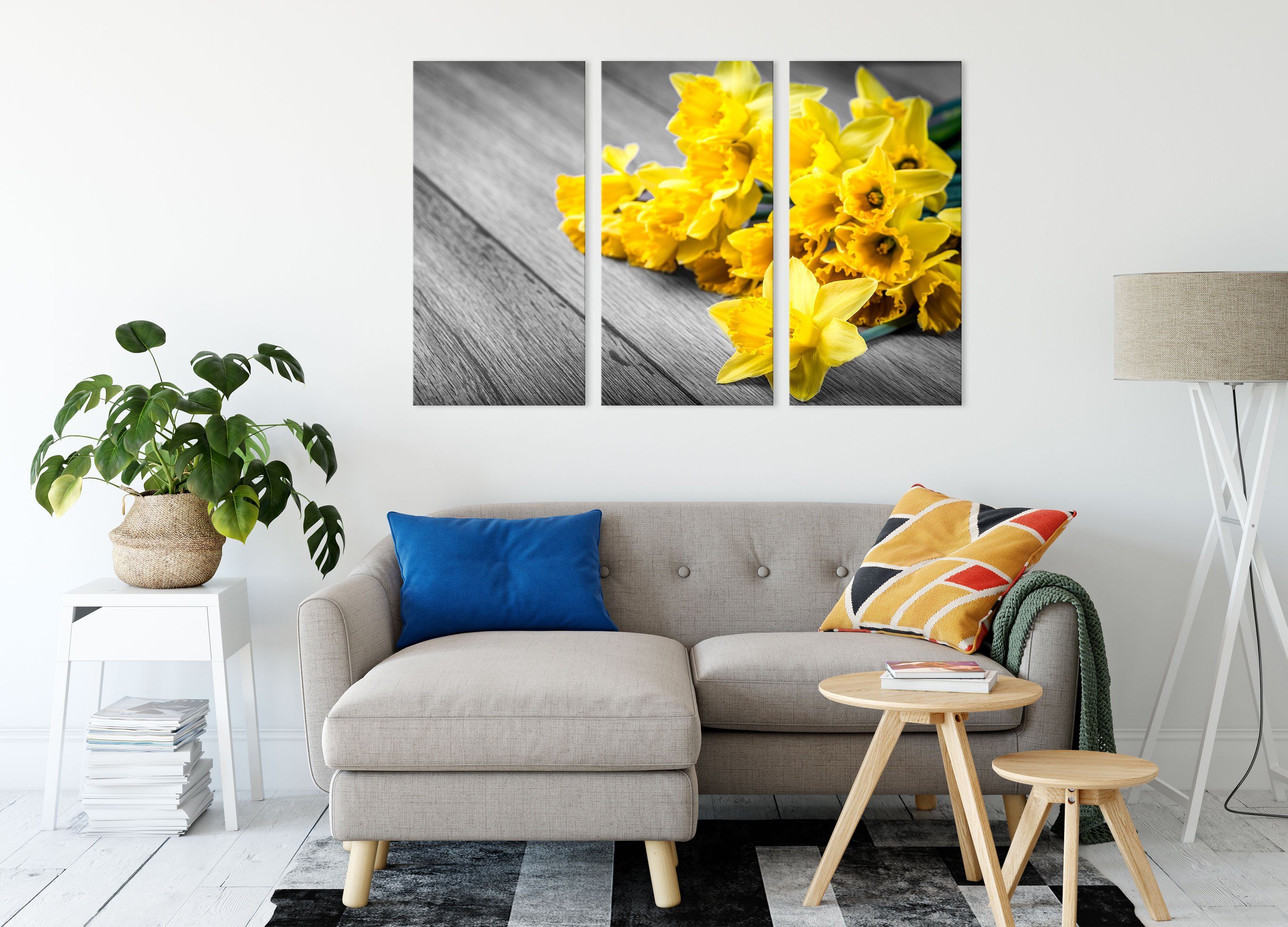 Narzissen, gelber gelber fertig bespannt, Zackenaufhänger St), inkl. Narzissen Leinwandbild Bündel (1 Leinwandbild Bündel (120x80cm) 3Teiler Pixxprint