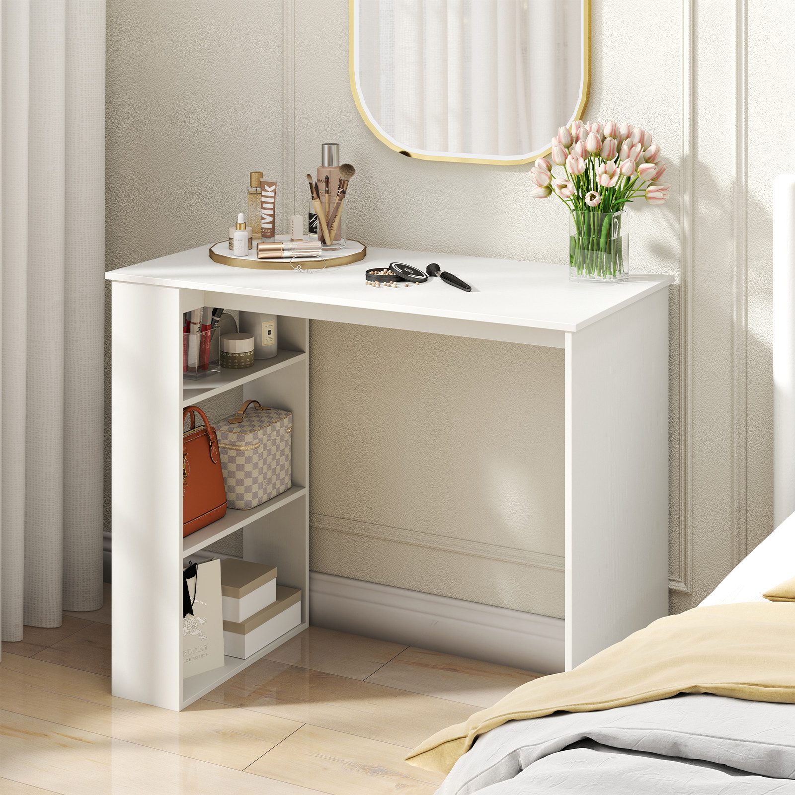 COSTWAY Schreibtisch, Mit Bücherregal, modernen kleinen Computertisch, weiß günstig online kaufen