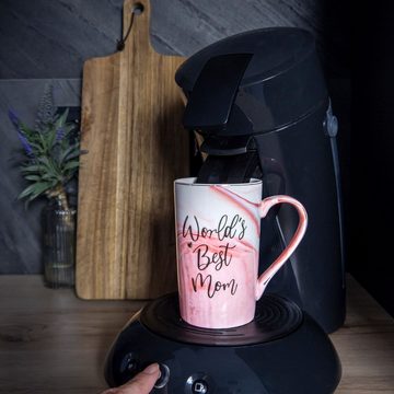 Intirilife Tasse, Porzellan, Kaffee Tee Tasse mit Deckel Muttertags Geschenk World's Best Mom 280ml