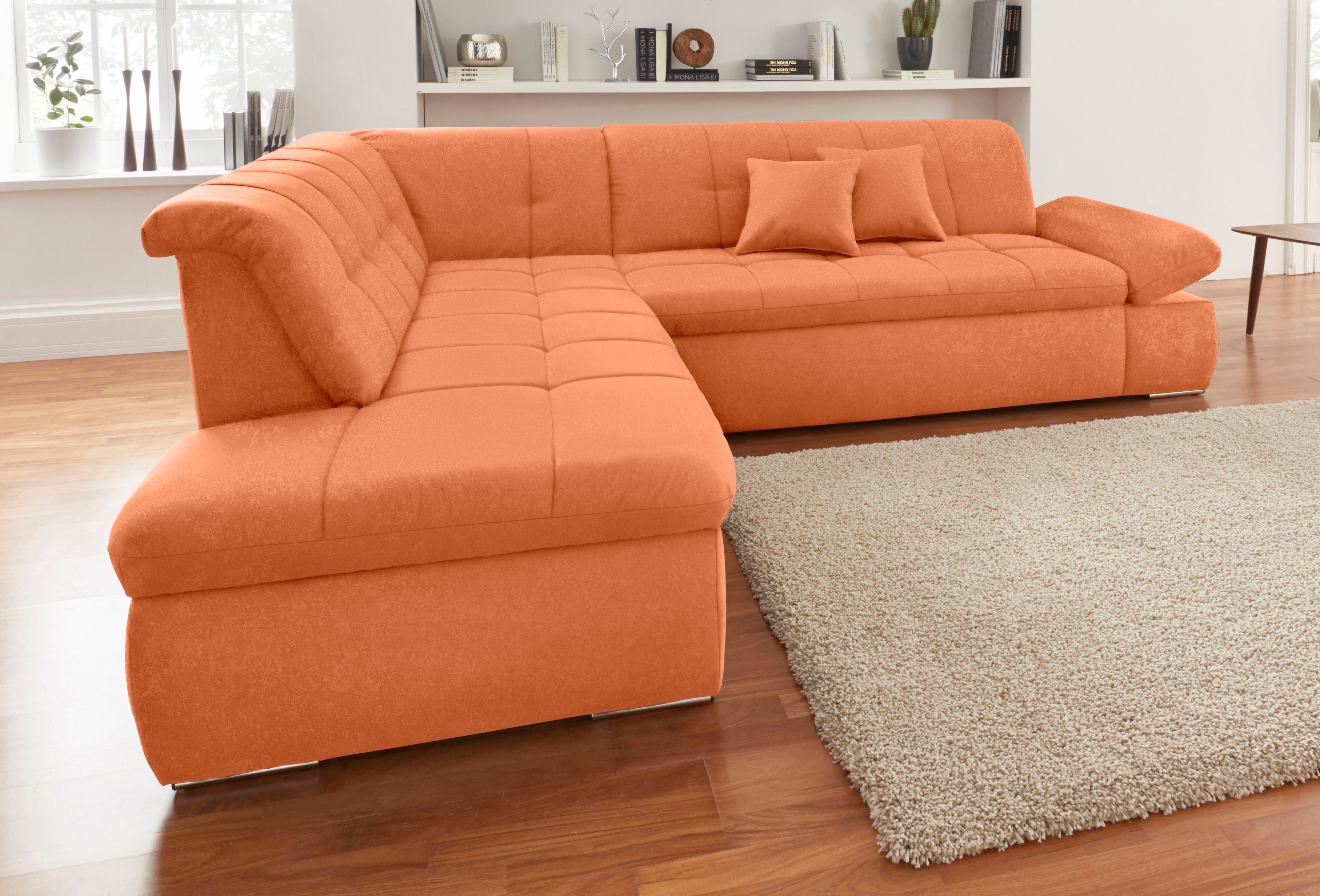 DOMO collection Ecksofa NMoric incl. Zierkissen B/T/H: 273/216/80 cm L-Form, Ottomanen-Abschluss, wahlweise mit Bettfunktion und Armlehnverstellung