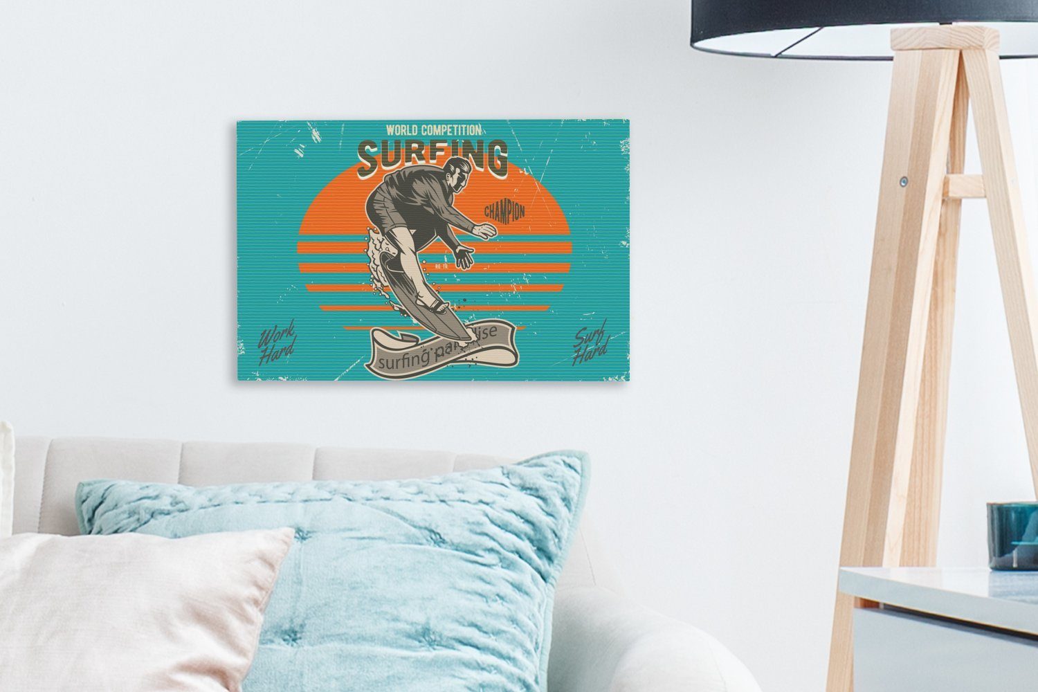cm Leinwandbilder, Leinwandbild Vintage 30x20 - (1 Wandbild Wanddeko, - Surfbrett, Aufhängefertig, OneMillionCanvasses® Surfen St),