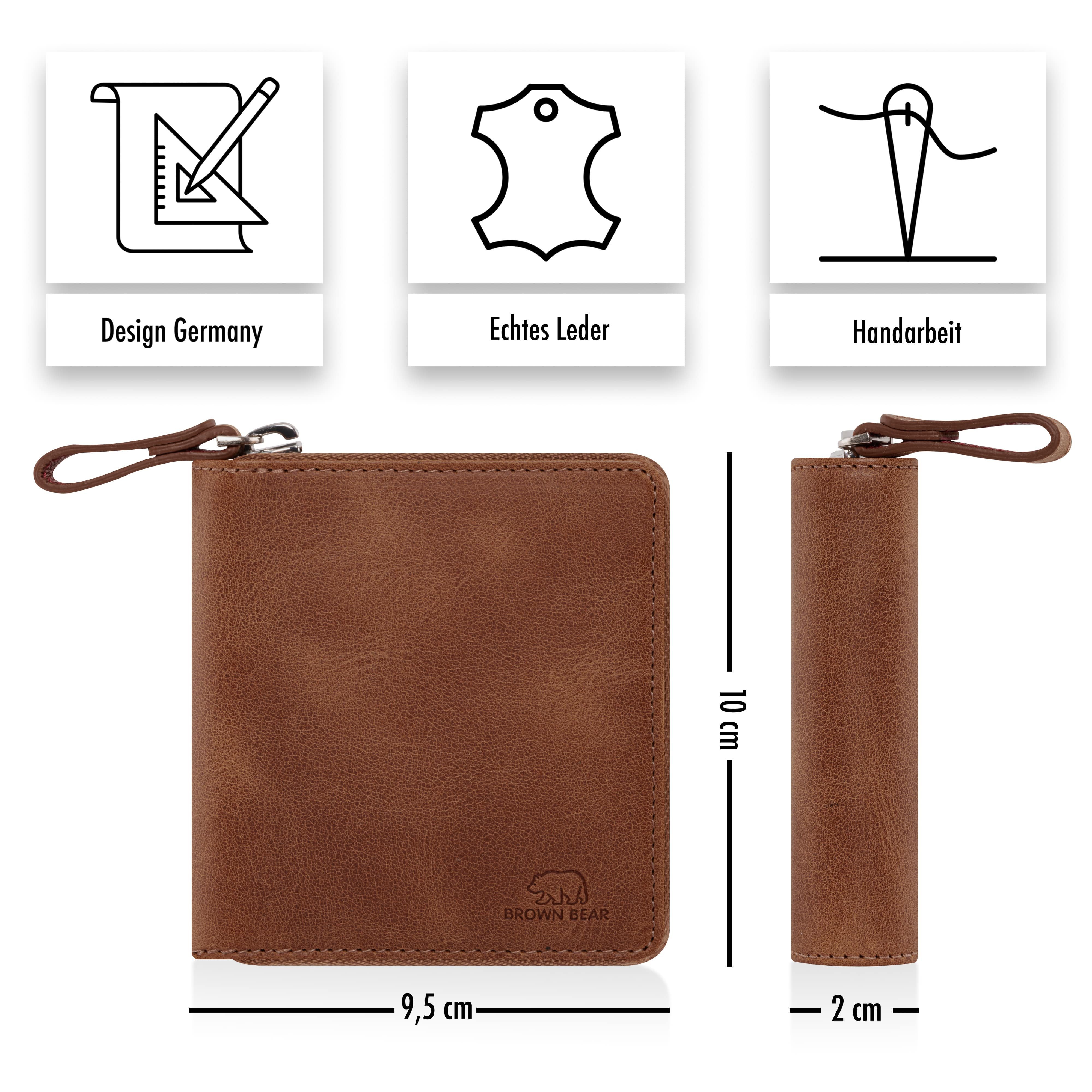 Brown Bear Geldbörse Max aus Echtleder mit umlaufendem Reißverschluss, mit RFID-Schutz und 7 Kartenfächern Farbe Braun-Vintage