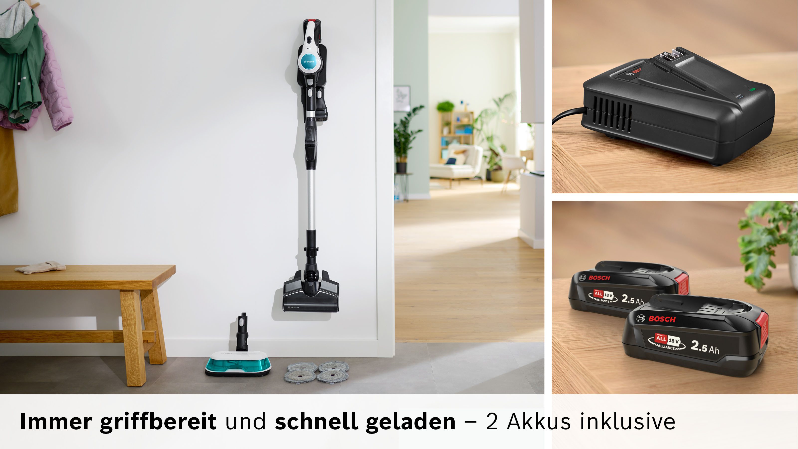 BOSCH Akku-Stielstaubsauger BSS712XHYG, beutellos, HEPA Filter, rotierende Wischpads, 2 Akkus, Schnellladegerät – Bild 4 von 5