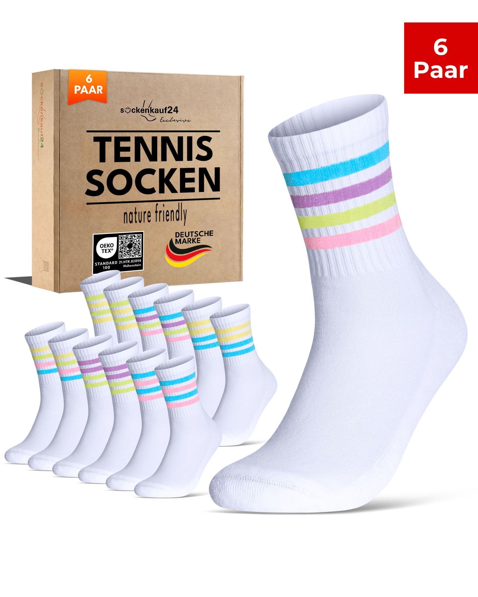 sockenkauf24 Tennissocken Damen Sportsocken Premium Retro Crew Socken (6-Paar) verstärkte Ferse & Fußspitze, gepolsterte Sohle, gekämmte Baumwolle