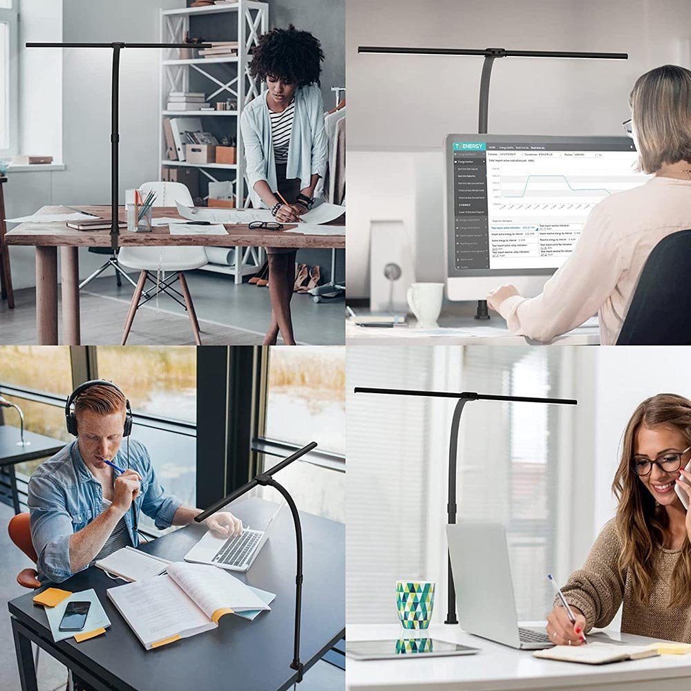 Rosnek LED Tischleuchte Doppelköpfe, 24W, 5 Farben und Helligkeit, für Architekten Büro Lesen, 3200-6500 K, mit Fernbedienung, mit flexibler Schwanenhals