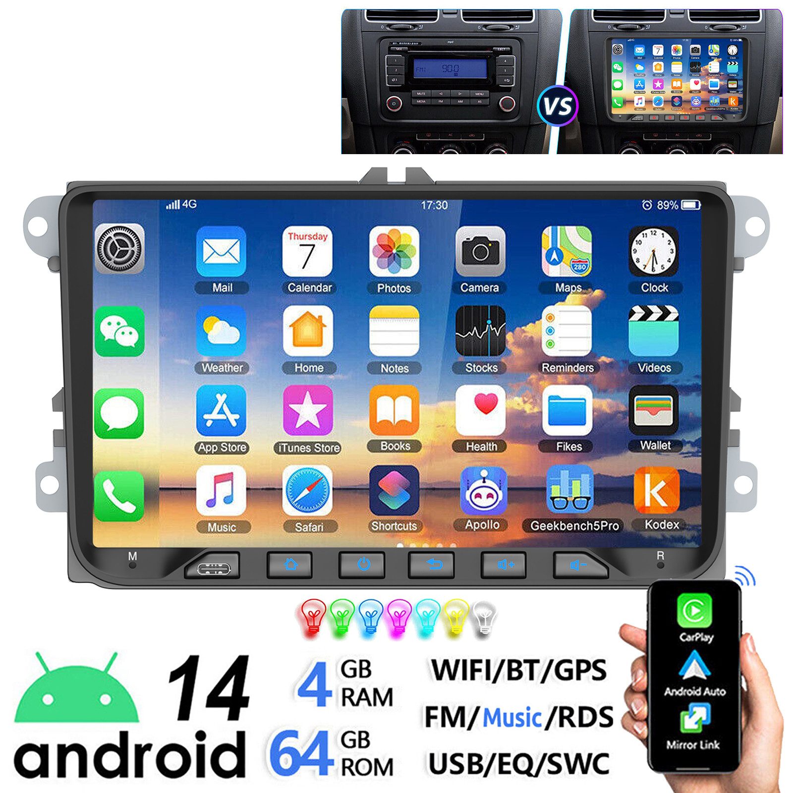 ESSGOO 9" Android 14 64G Für VW GOLF 5 6 Touran Tiguan Polo Passat Caddy EOS Autoradio (DAB+ (optional), FM, RDS, Carplay Android Auto GPS Navi Touchscreen Bluetooth FM RDS WIFI USB)