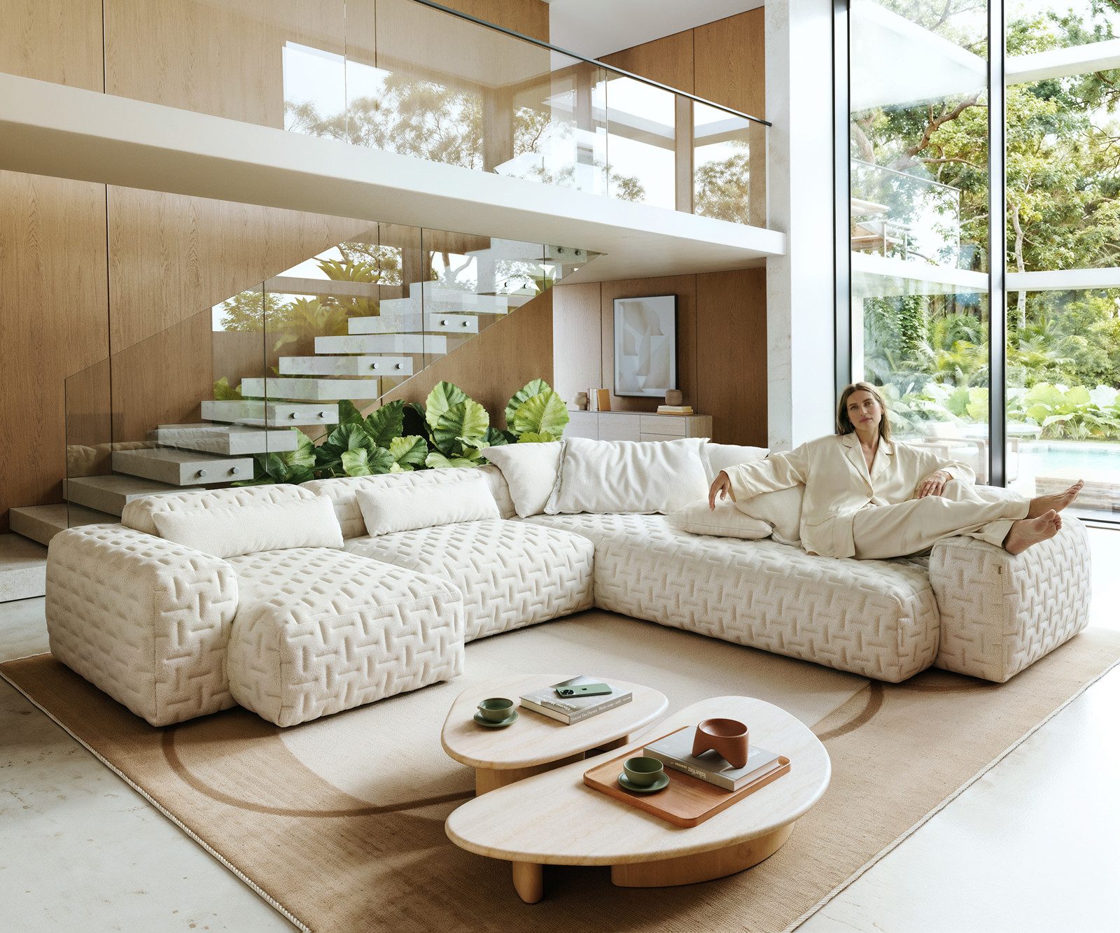 DELIFE Sofa Freestyle, Icon Bouclé Soft Beige 360x290 cm, Couch