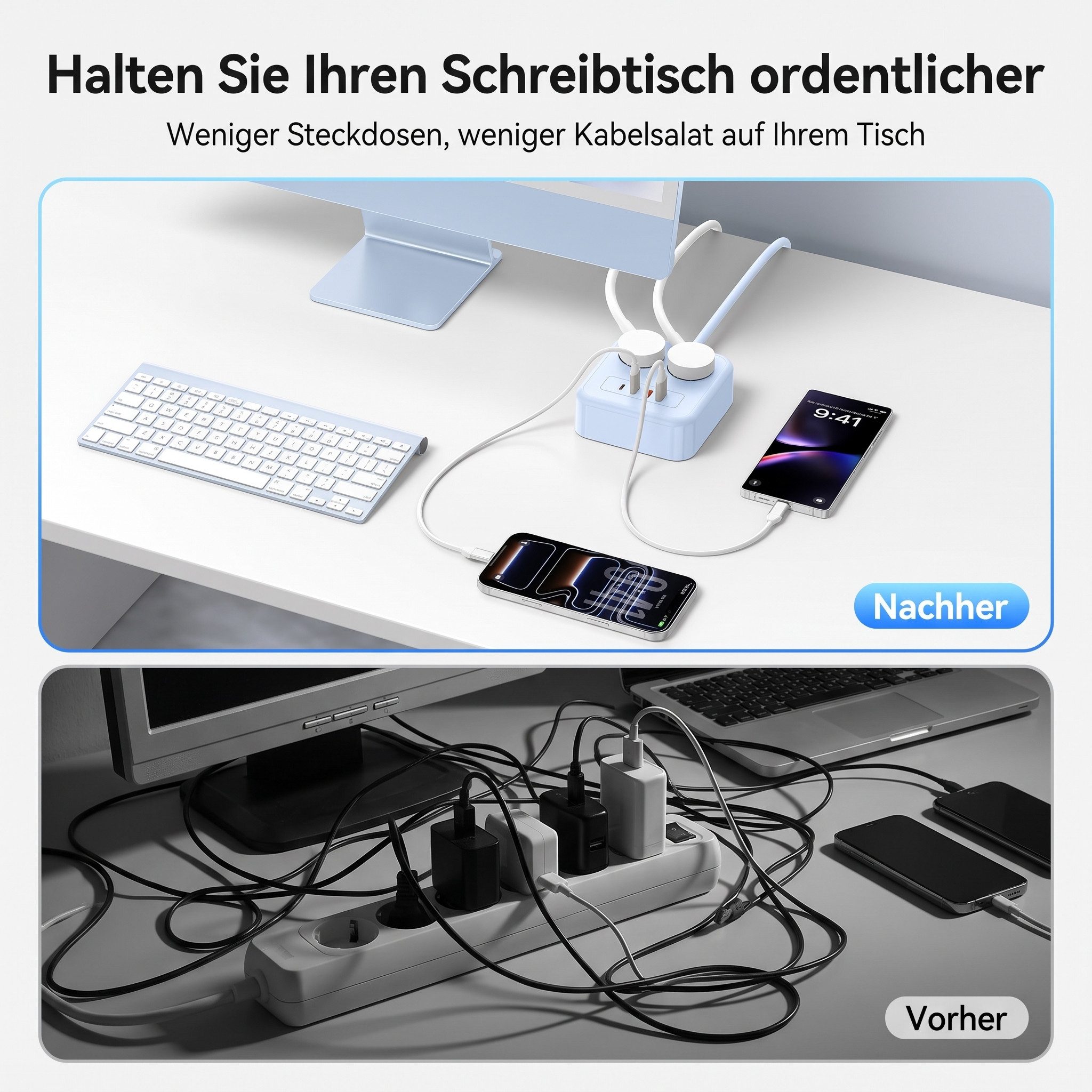ORICO Steckdose 6-in-1 Mehrfachsteckdose mit USB-C PD 20W, 3 m Kabel, 1-St., 2 Steckdosen & 4 USB (2× USB-C), Kompakt-Powercube für Büro & Zuhause