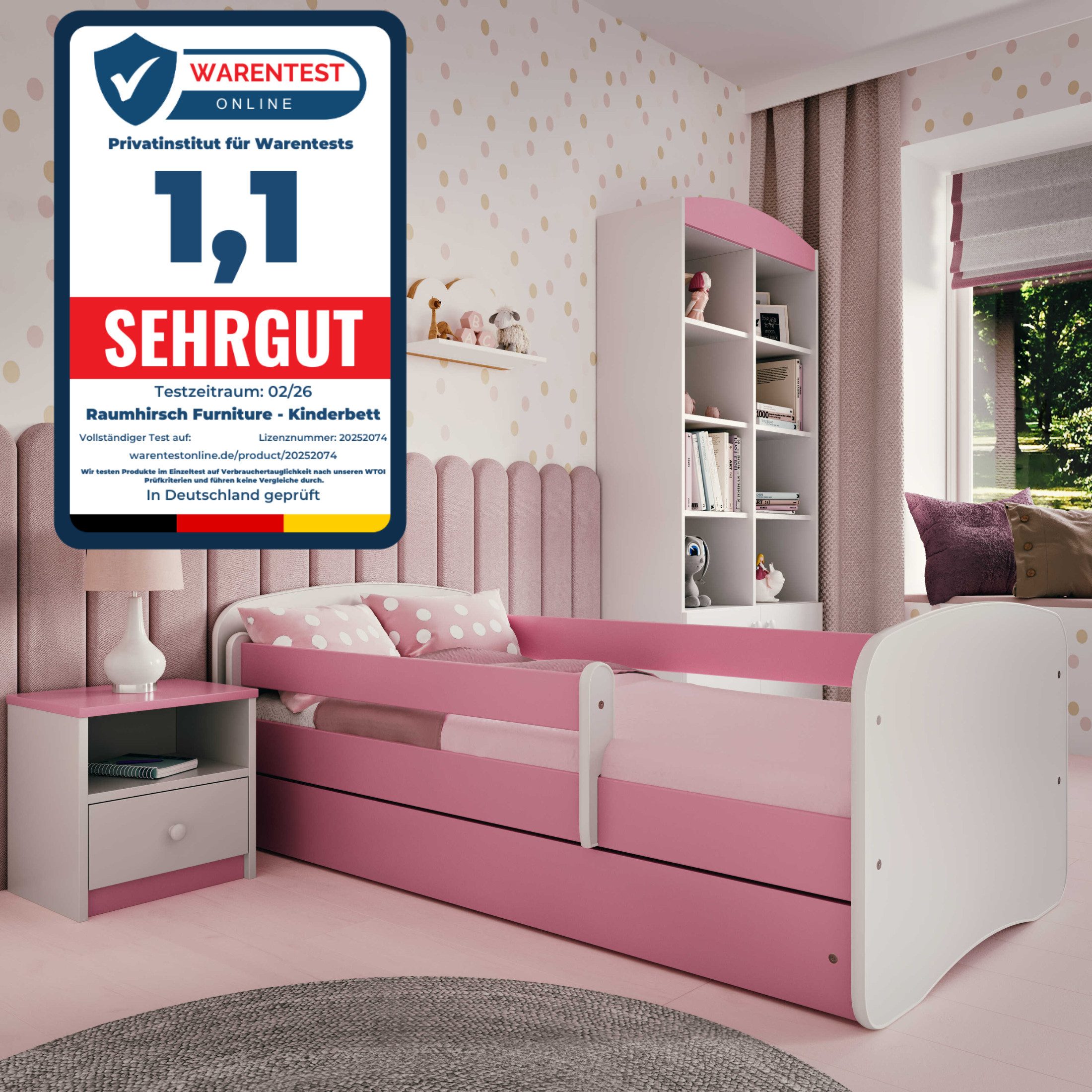 Raumhirsch Furniture Kinderbett Babydream 180x80 cm 160x80 cm 140x70 cm - Komplettset mit Schublade (Bett für Jungs & Mädchen, Einzelbett 2–12 J., mit Rausfallschutz und Lattenrost), Verschiedene Farben