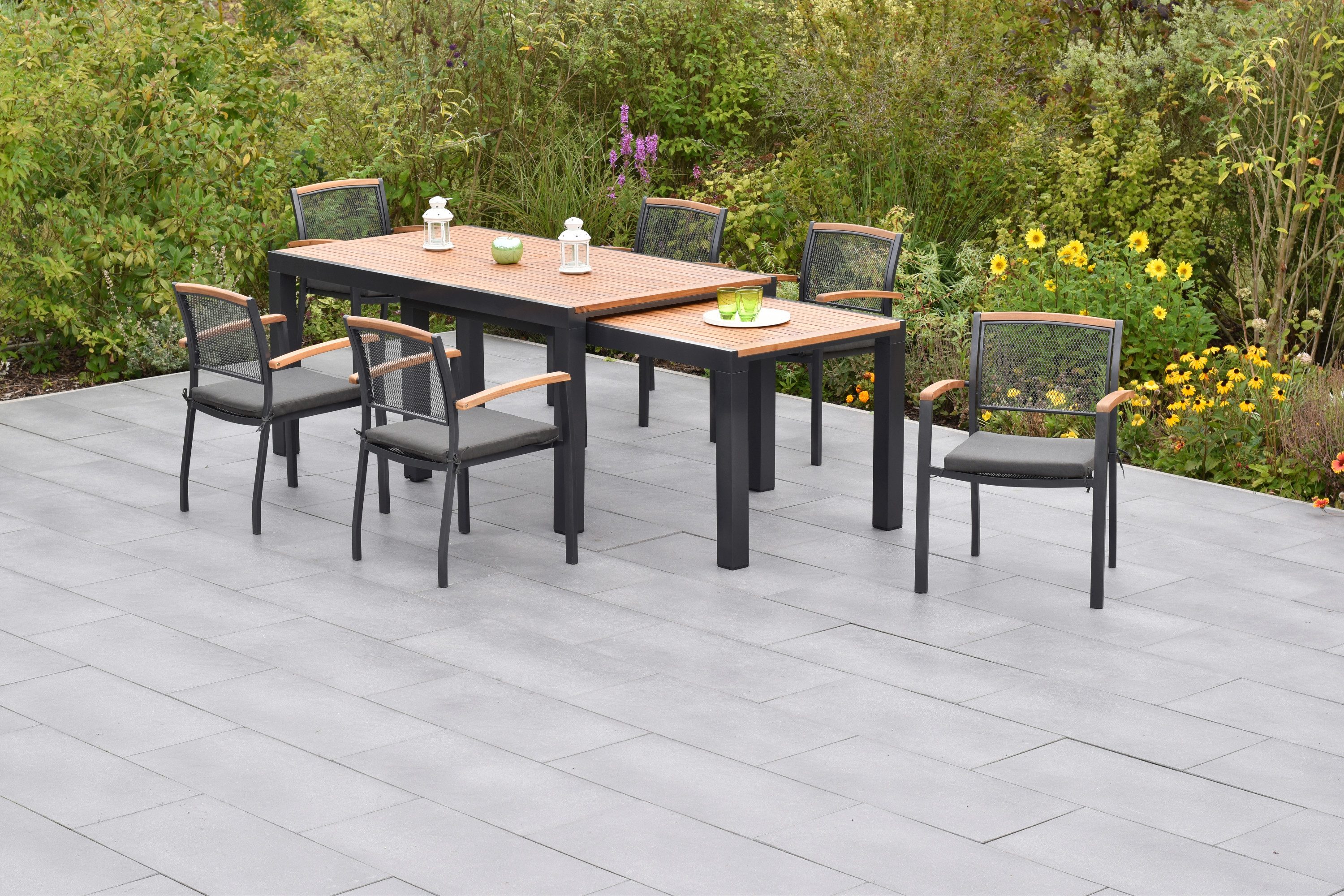 MERXX Garten-Essgruppe »Tilos«, (Set, 13-tlg., Inkl. Auflagenr, Armlehnen und Rückenabschluss aus Akazienholz), Tisch: verlängerbar, 180-360 x 100 cm