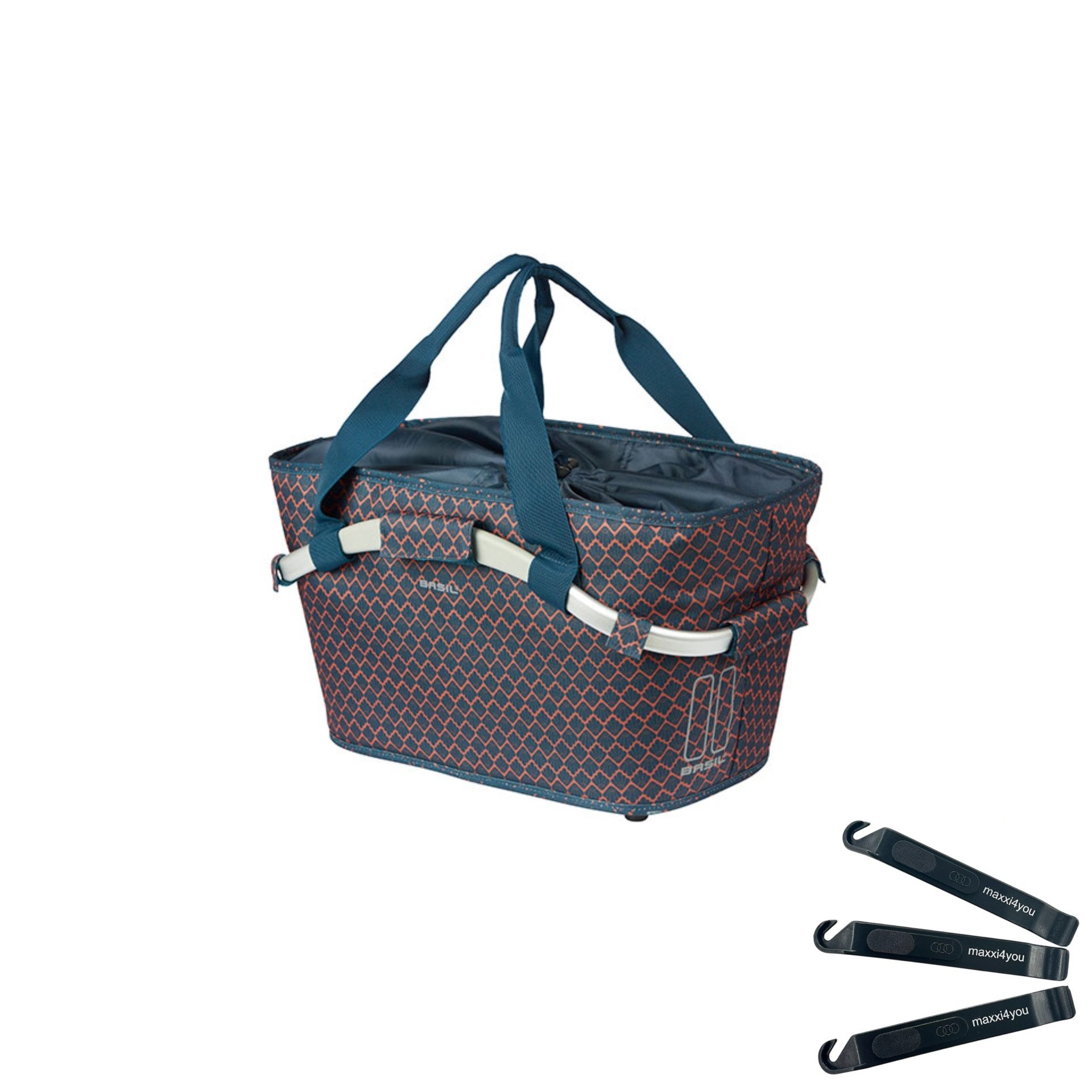maxxi4you Fahrradkorb Basil Flair Carry All MIK 2.0 Navy inkl. maxxi4you Reifenheber (Set, 4-tlg., Gepäckträgerkorb mit maxxi4you Reifenheber 3er-Set), abnehmbar, wasserabweisend, reflektierende Details