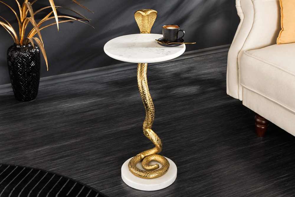 riess-ambiente Beistelltisch WILDLIFE COBRA 65cm gold / weiß · Wohnzimmertisch mit Marmor-Platte (Einzelartikel, 1-St), rund · handmade · Metall-Gestell · Schlangen-Skulptur · Design