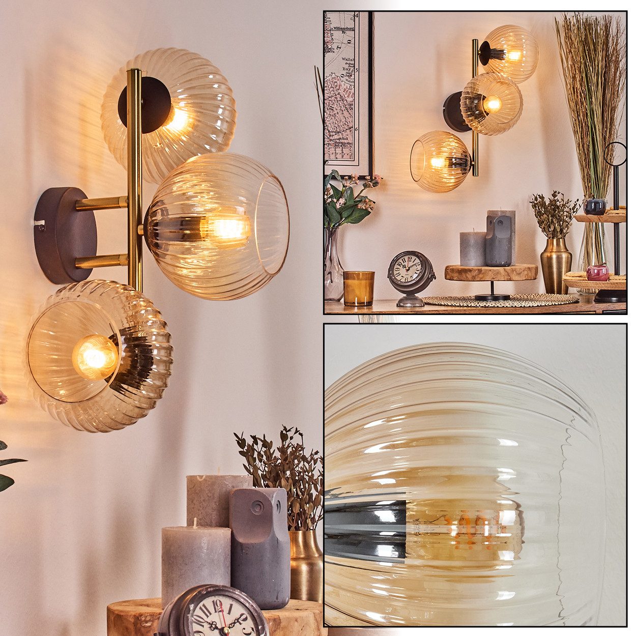 hofstein Wandleuchte Wandlampe aus Metall/Riffelglas in Schwarz/Gold/Bernstein/Klar, moderne Wandleuchte im Retro/Vintage-Design (Schirme 15 cm), E14