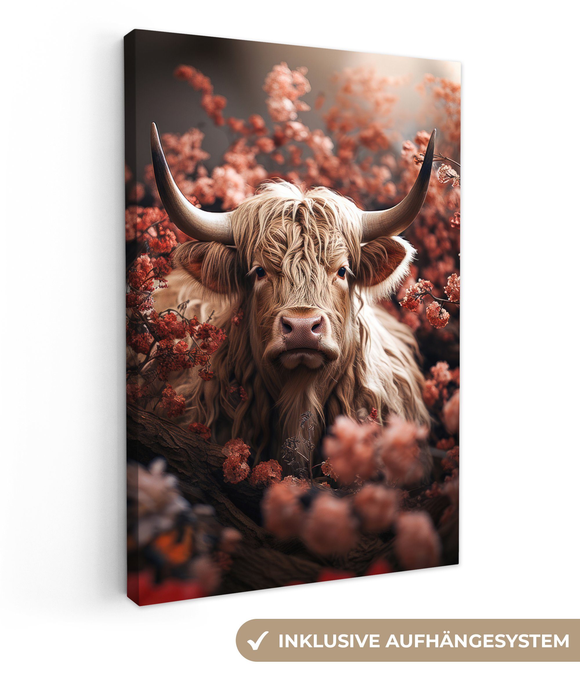 OneMillionCanvasses® Leinwandbild Schottische Highlander - Tier - Natur - Blumen - Botanisch, Fotodruck (1 St), Leinwand Canvas Wandbild, Wanddekoration 20x30 cm