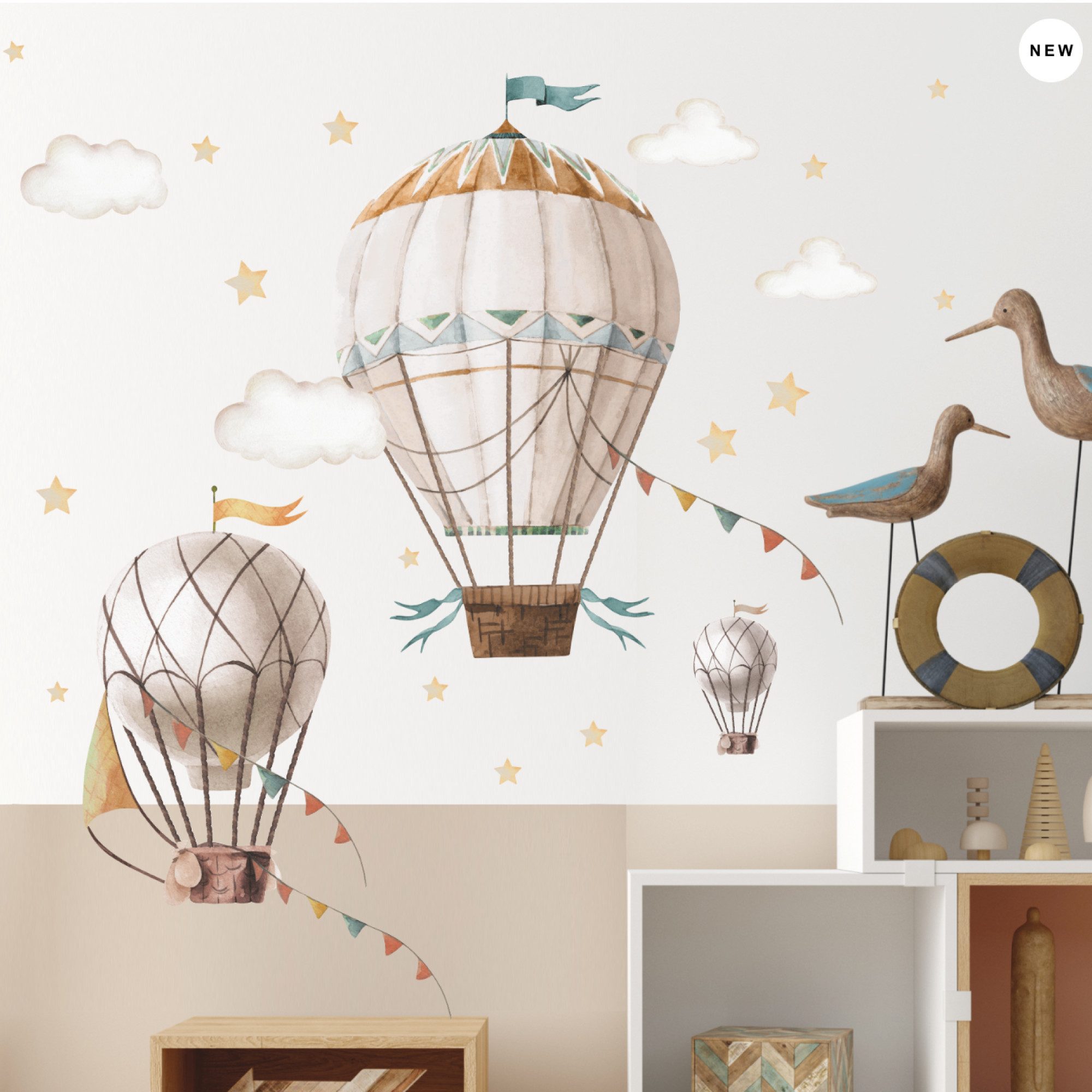 Olli&Elli.design Wandtattoo Heißluftballons in Beige, Retro Aeroplan mit Wolken wandtattoo, Rückstandslos abziehbar, Wasserbasierte Farbe, Selbstklebend