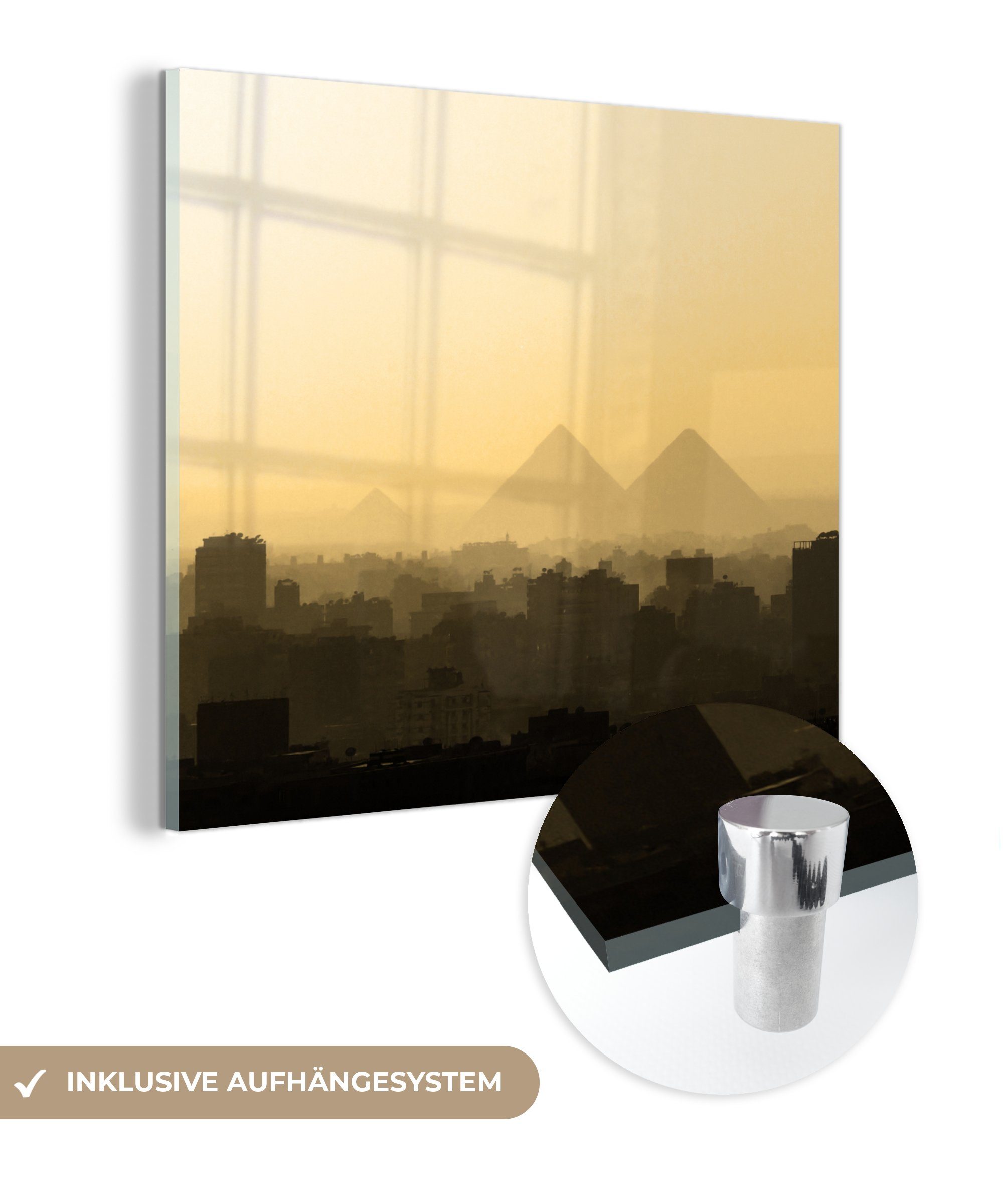 MuchoWow Acrylglasbild Die Pyramiden von Kairo im Nebel - Ägypten, (1 St), Glasbilder - Bilder auf Glas Wandbild - Foto auf Glas - Wanddekoration