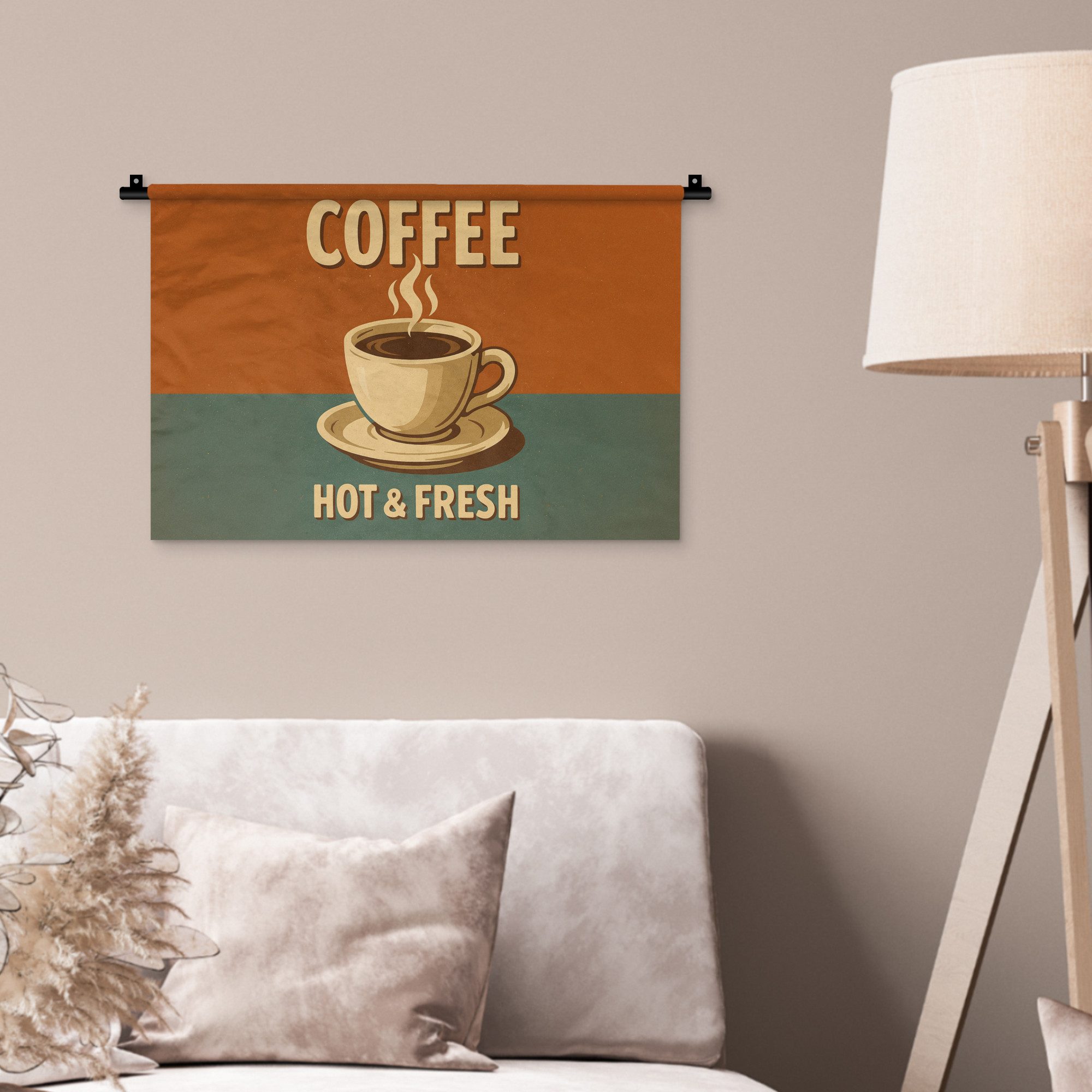 MuchoWow Wandteppich Kaffee - Tasse - Vintage - Zitat, Rechteckig, Höhe: 3 mm, Wandteppich für Wohnzimmer, Schlafzimmer, 60x40 cm