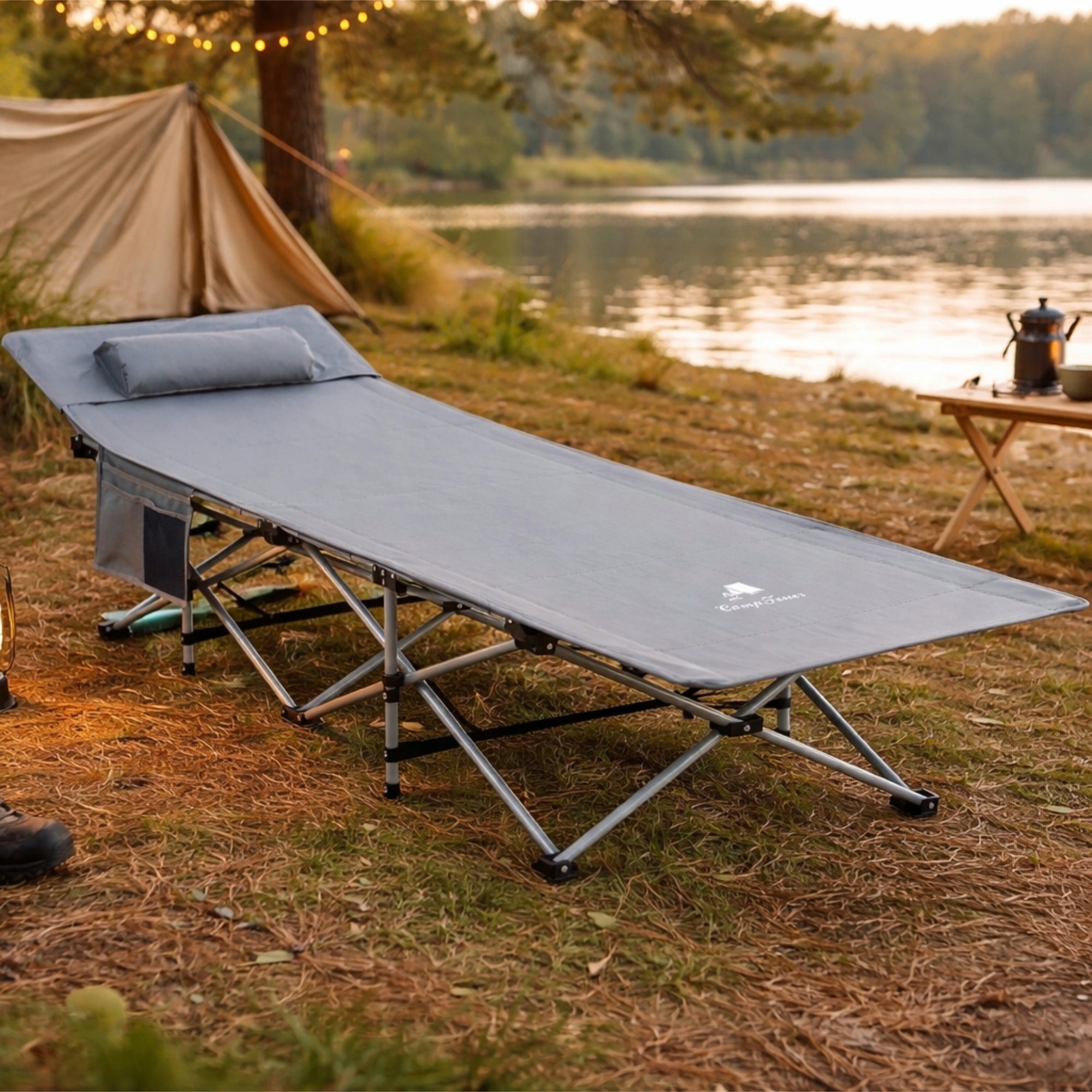 CampFeuer Campingliege Campingbett mit Kopfkissen, Anthrazit, bis 150 kg, 187 x 67 x 48 cm Hohe Belastbarkeit – Bild 2 von 5