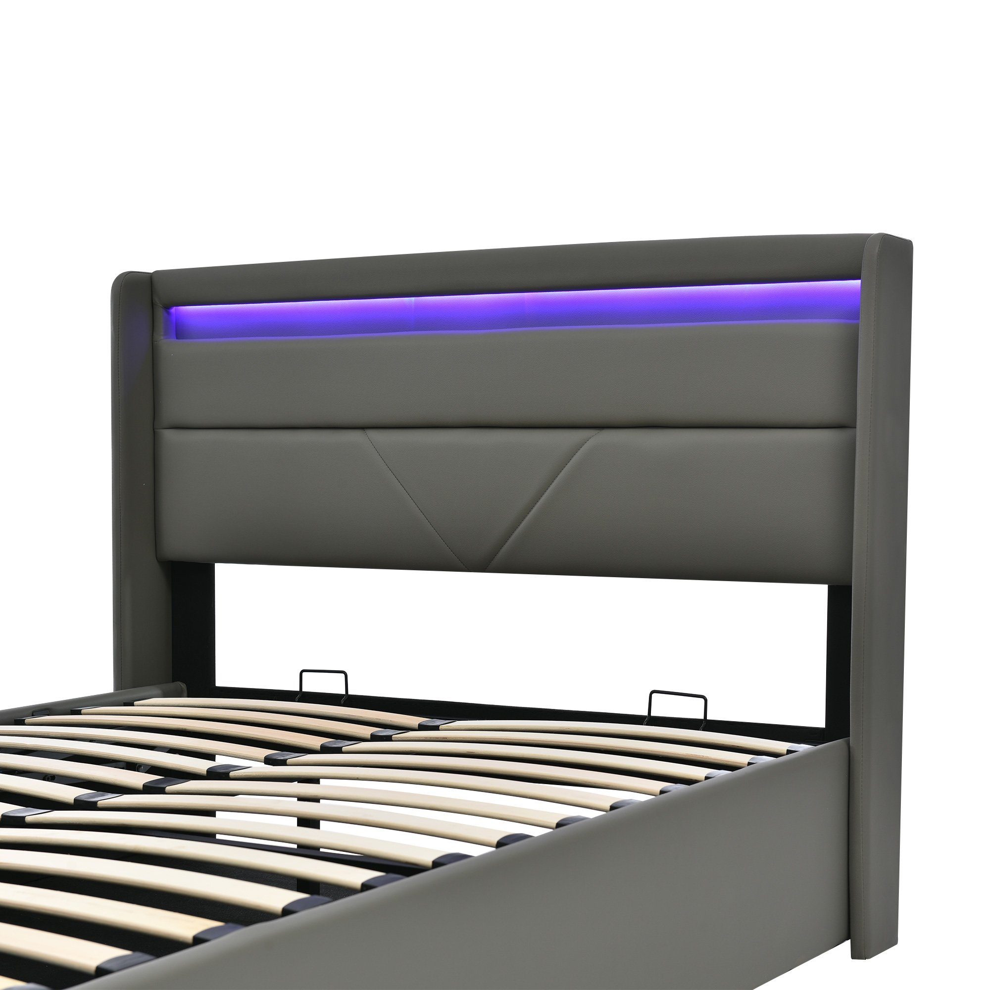 PHOEBE | Lattenrost, Bezug und Grau Hydraulisches inkl. Polsterbett 140x200cm, Doppelbett Kunstleder (Funktionsbett, aus Grau Bettkasten Stauraumbett Grau mit | LED-Beleuchtung), CAT Boxspringbett