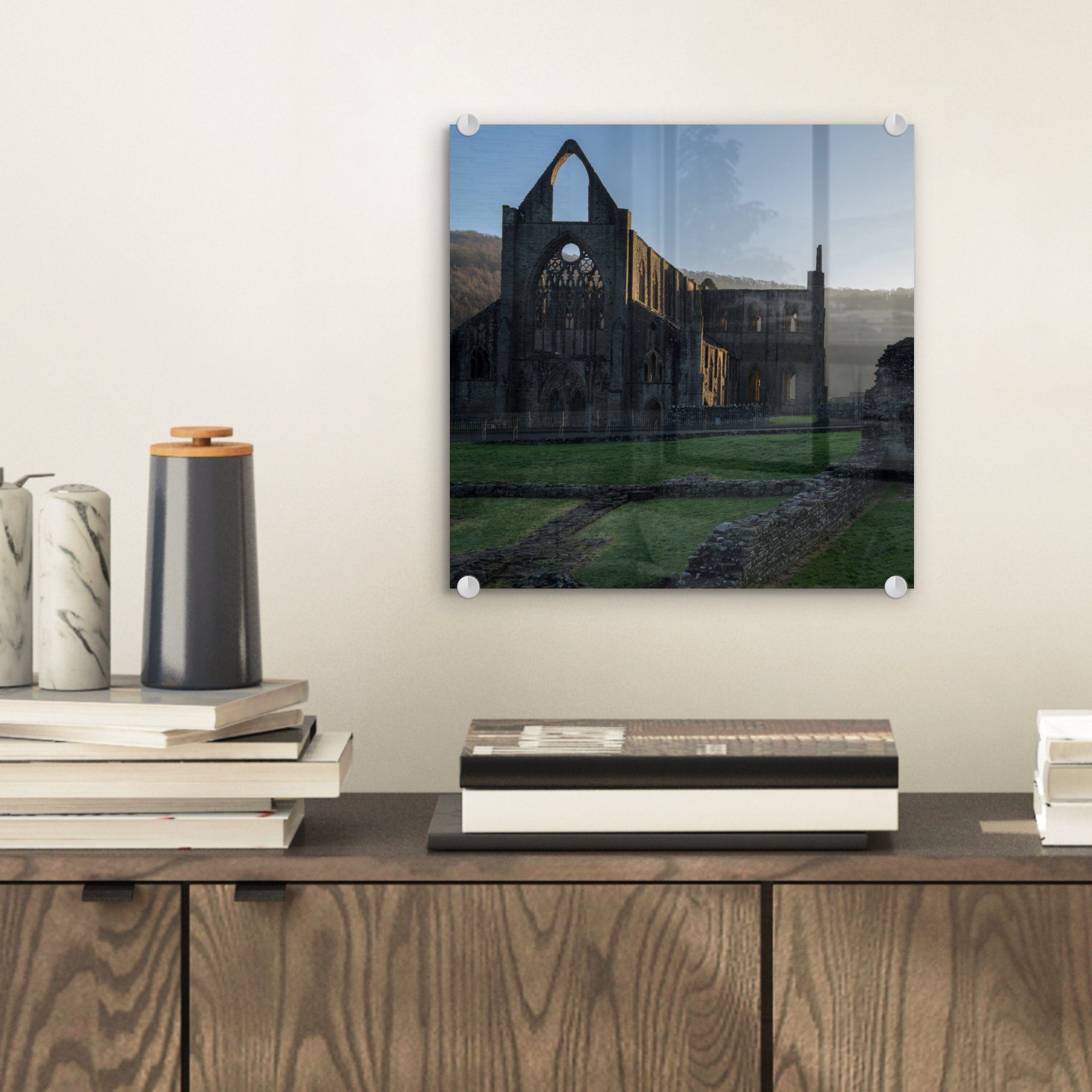 Acrylglasbild Bilder Foto St), Abbey - Glas in Wales, Glas - MuchoWow auf auf Sonnenaufgang Wanddekoration Tintern (1 in Wandbild Glasbilder -
