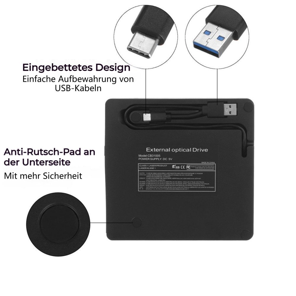 VIVIHEYDAY Externes CD DVD Laufwerk, USB 3.0, Tragbarer CD-DVD-Brenner, CD/DVD Portabler DVD-Player (Player für Laptop, kompatibel mit Laptop, Mac, PC, Windows, – Bild 5 von 5