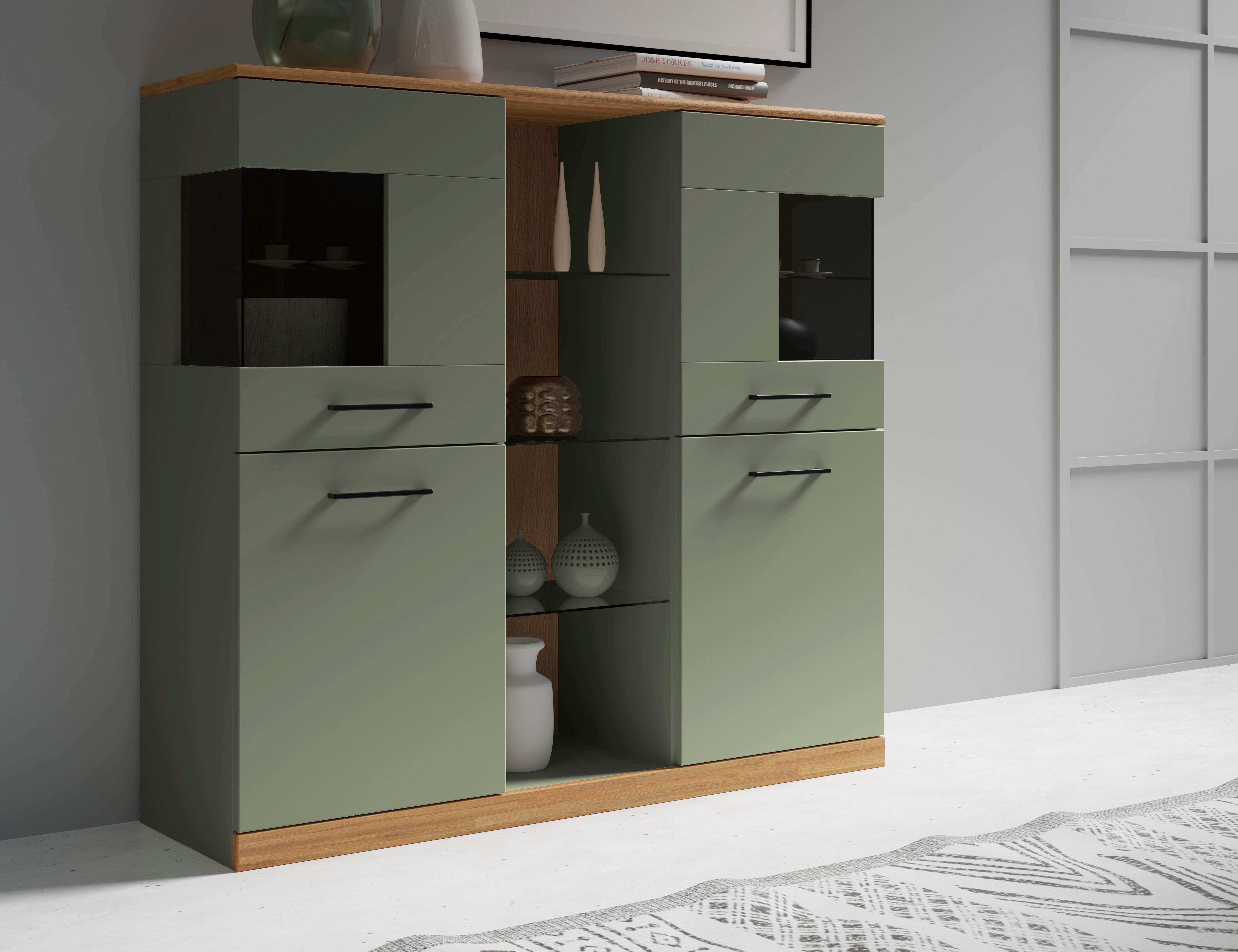 OTTO home Highboard Ribe,120cm breit,112cm hoch,Oberplatte massiv,12 Fächer, Eiche massiv,Melamin Salbeigrün,schwarze Metall Griffe,Türen mit Glass