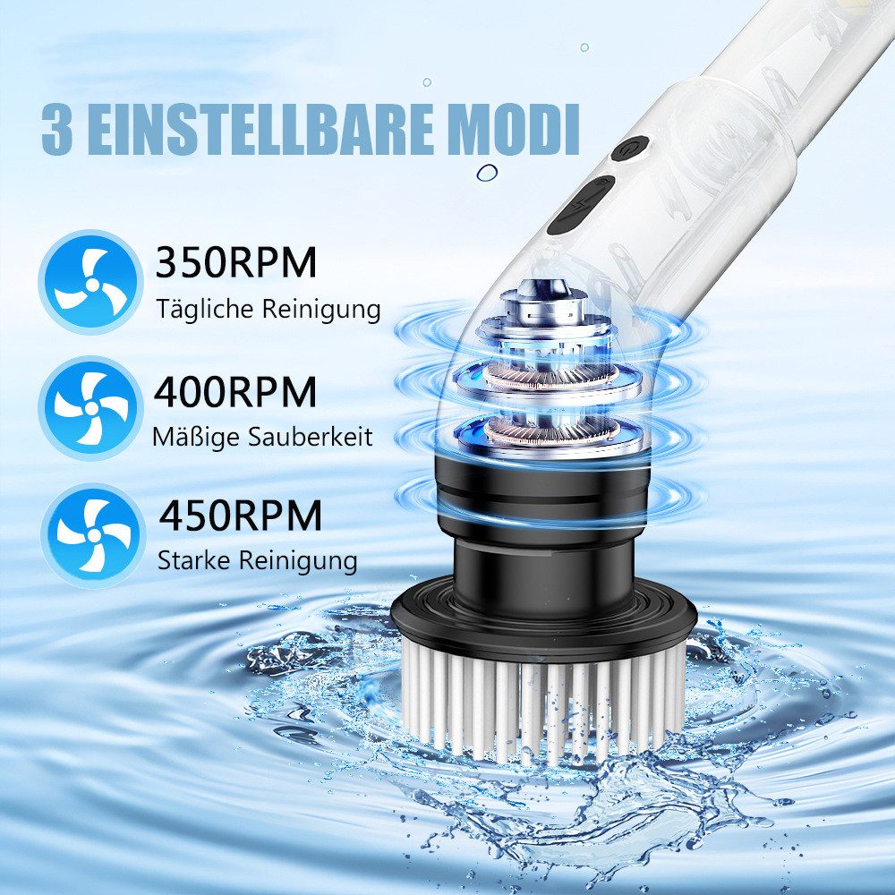 TUWENA Reinigungsbürsten-Set 9 in 1 Elektrische Reinigungsbürste, Spin Scrubber mit Lang Griff, 3 Modi, Duschreiniger Bürste für Bad, Küche, Fliesen und Auto – Bild 3 von 5