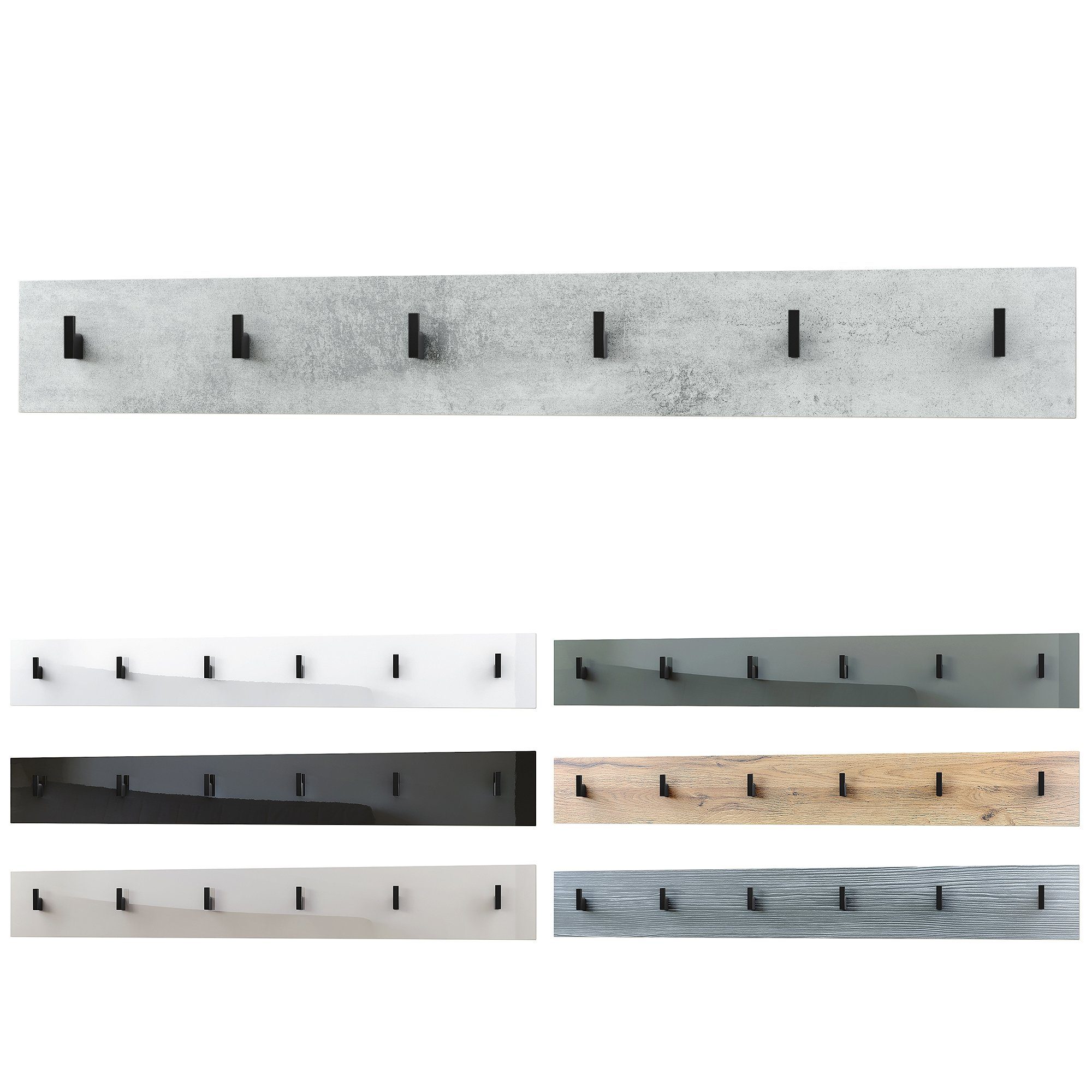 Vladon Garderobenpaneel Linea V1 (Wandgarderobe, mit 6 Kleiderhaken), Weiß Hochglanz (110,5 x 14,5 x 3,5 cm) – Bild 4 von 5