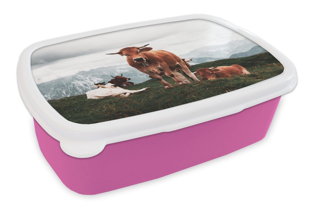 MuchoWow Lunchbox Tiere - Kuh - Berg, Kunststoff, (2-tlg), Brotbox für Erwachsene, Brotdose Kinder, Snackbox, Mädchen, Kunststoff rosa