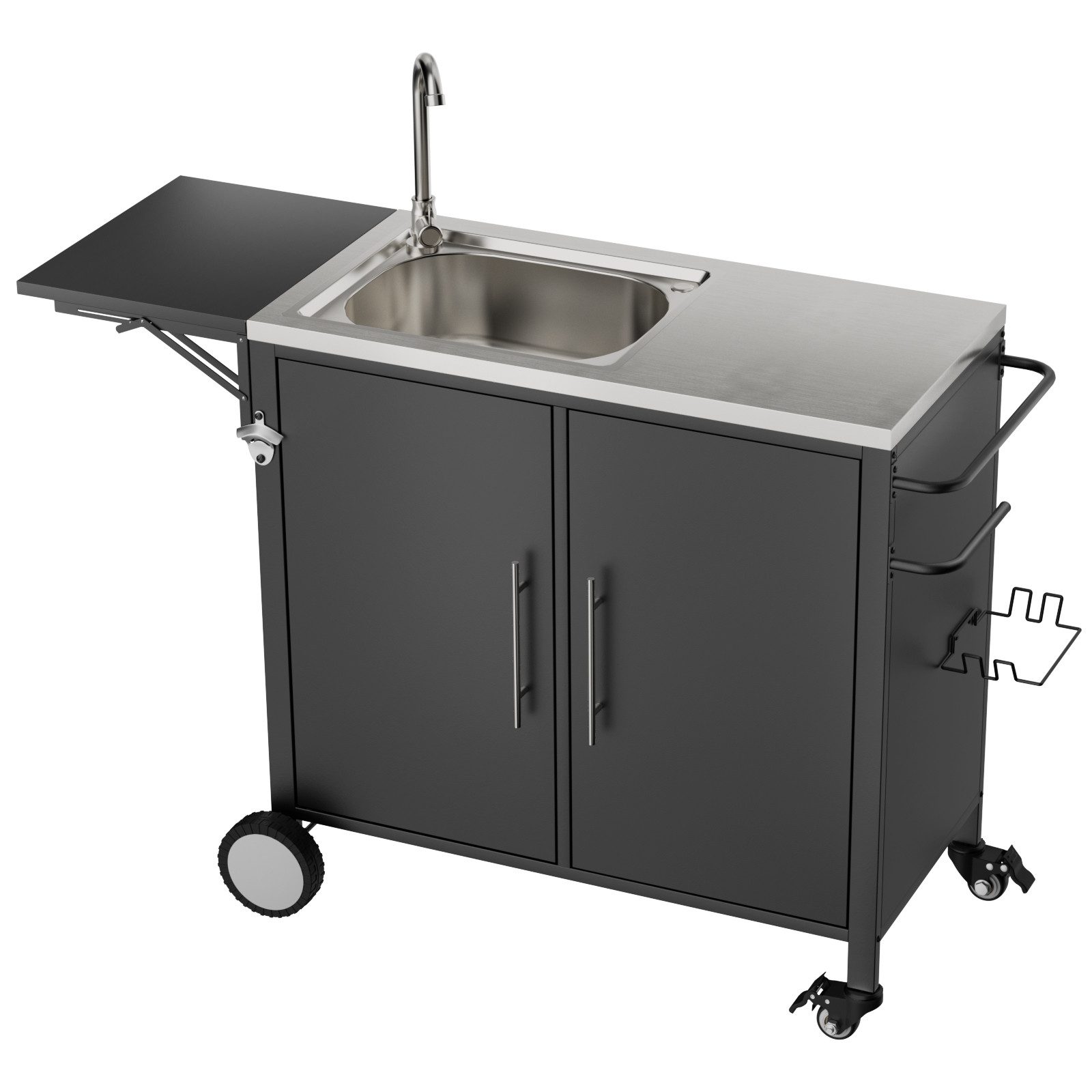 FANNOU Servierwagen Grilltisch mit Spüle, rollbarer Grillwagen mit Rädern, (1 St), Kücheninsel mit klappbarer Arbeitsplatte und Stauschrank aus Metall