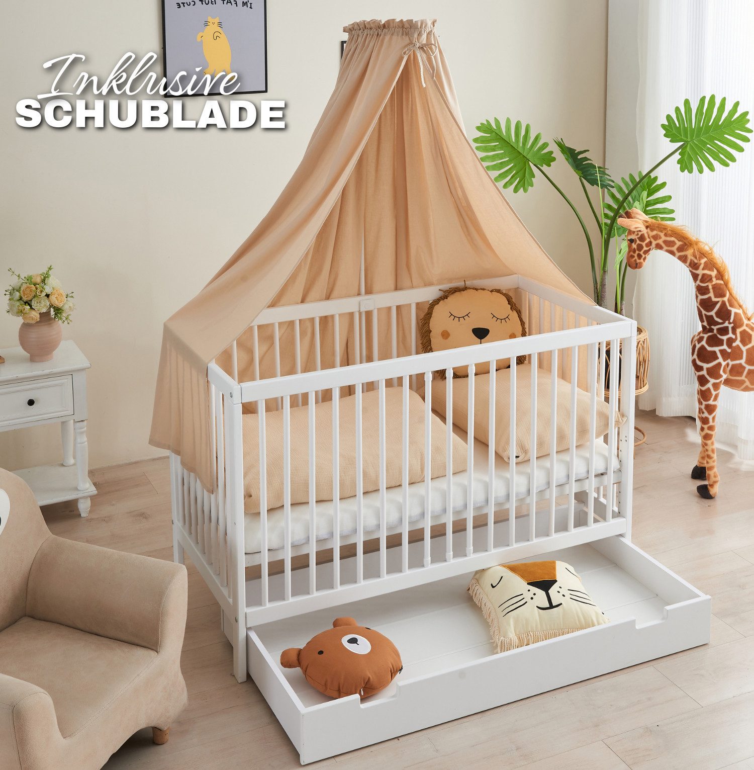 Alavya Home® Komplettbett TOBI 6-tlg.SET für Kleine Babys I 9-fach höhenverstellbarer EN 716-1, Babybett 70x140 mit Matratze, Schublade, Himmel + Himmelstange