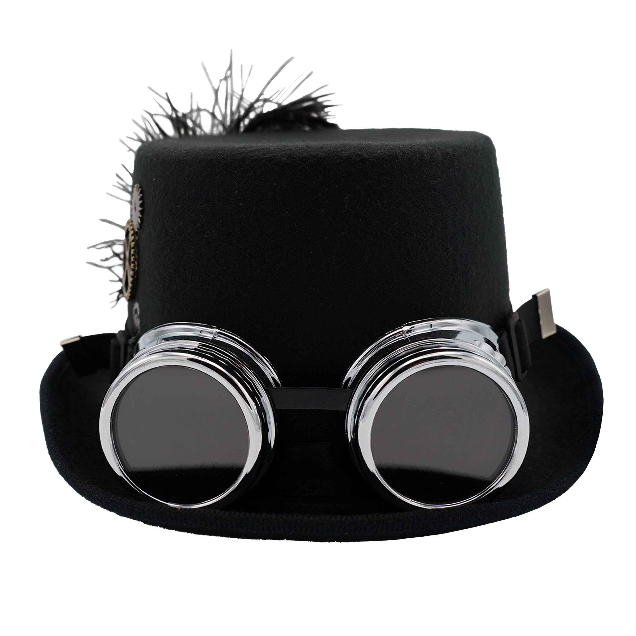 Bock-op-Kölle Zylinder Bock op Kölle Zylinder Hut Steampunk Feder mit Brille schwarz