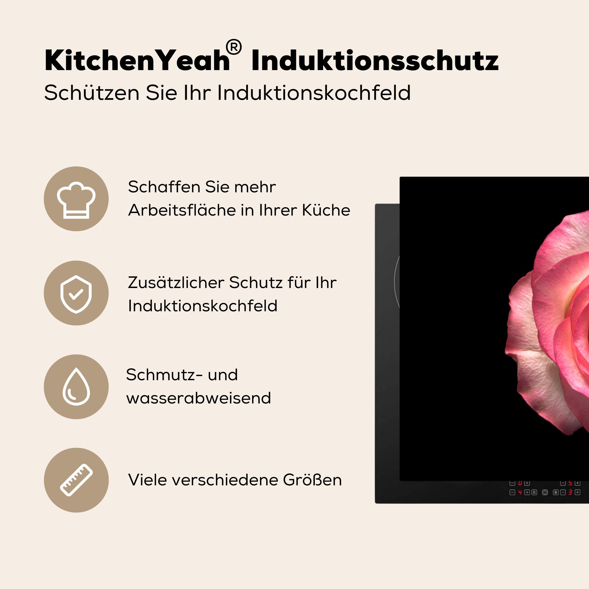MuchoWow Herdblende-/Abdeckplatte Rosen - cm, Ceranfeldabdeckung (1 küche, Vinyl, tlg), - 81x52 Schutz Induktionskochfeld Schwarz, für die Rosa