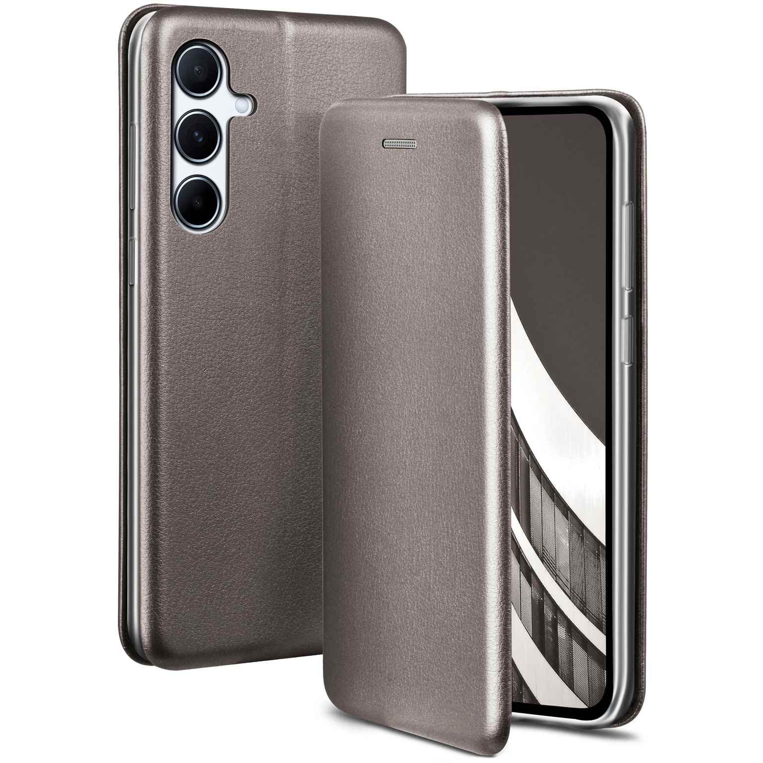 ONEFLOW Handyhülle für Samsung Galaxy A56 5G Premium Hülle Business Cover Grau 6,7 Zoll, 360 Grad Schutzhülle Flip Case Etui Klapphülle Dünn Leder Handy Tasche