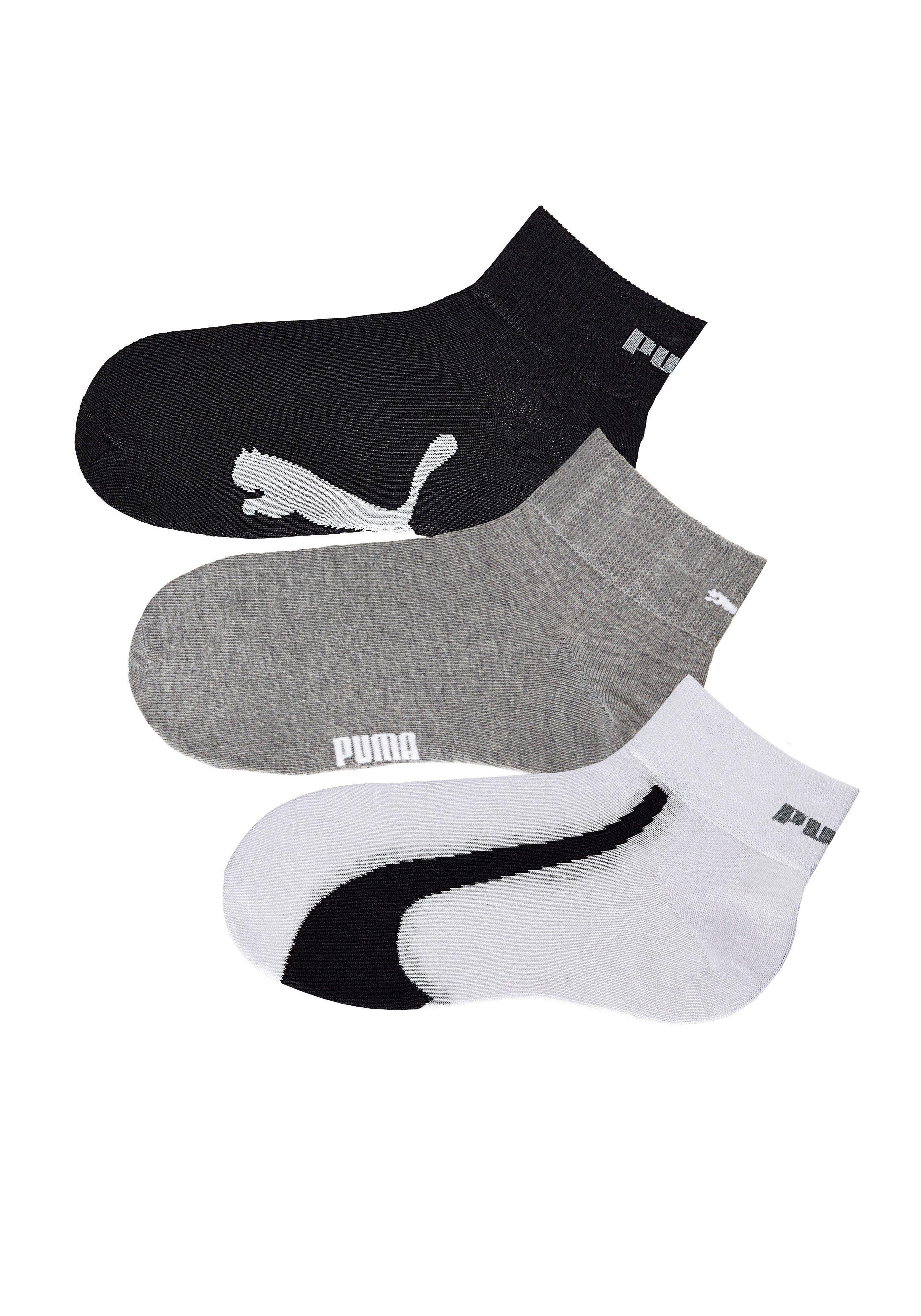 PUMA Sportsocken (3-Paar) mit kurzem weiß, grau 1x schwarz, geripptem 1x Schaft 1x