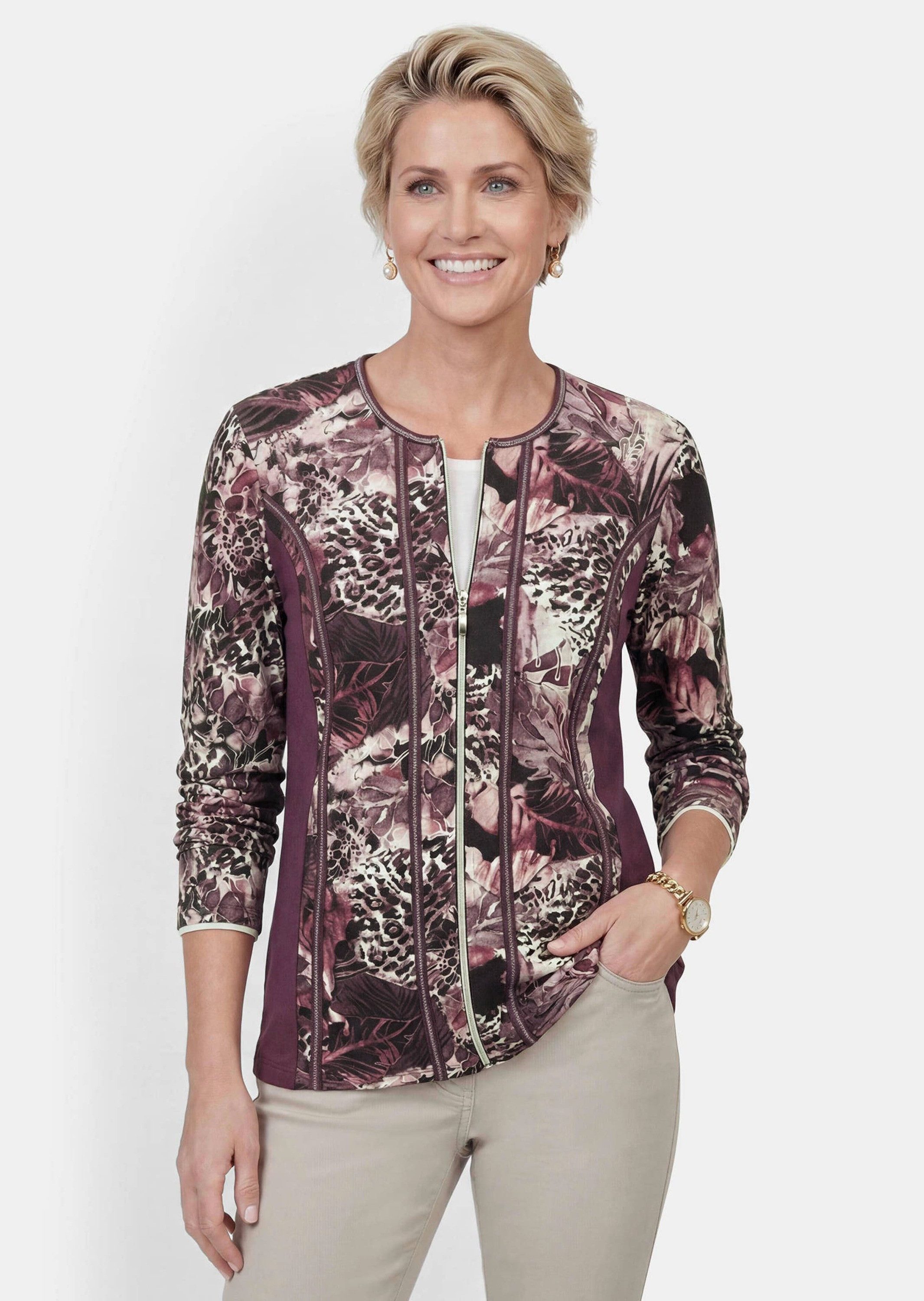 GOLDNER Outdoorjacke Jerseyjacke mit Reißverschluss Taillierte Shirtjacke mit Blumen und Leopardenmuster