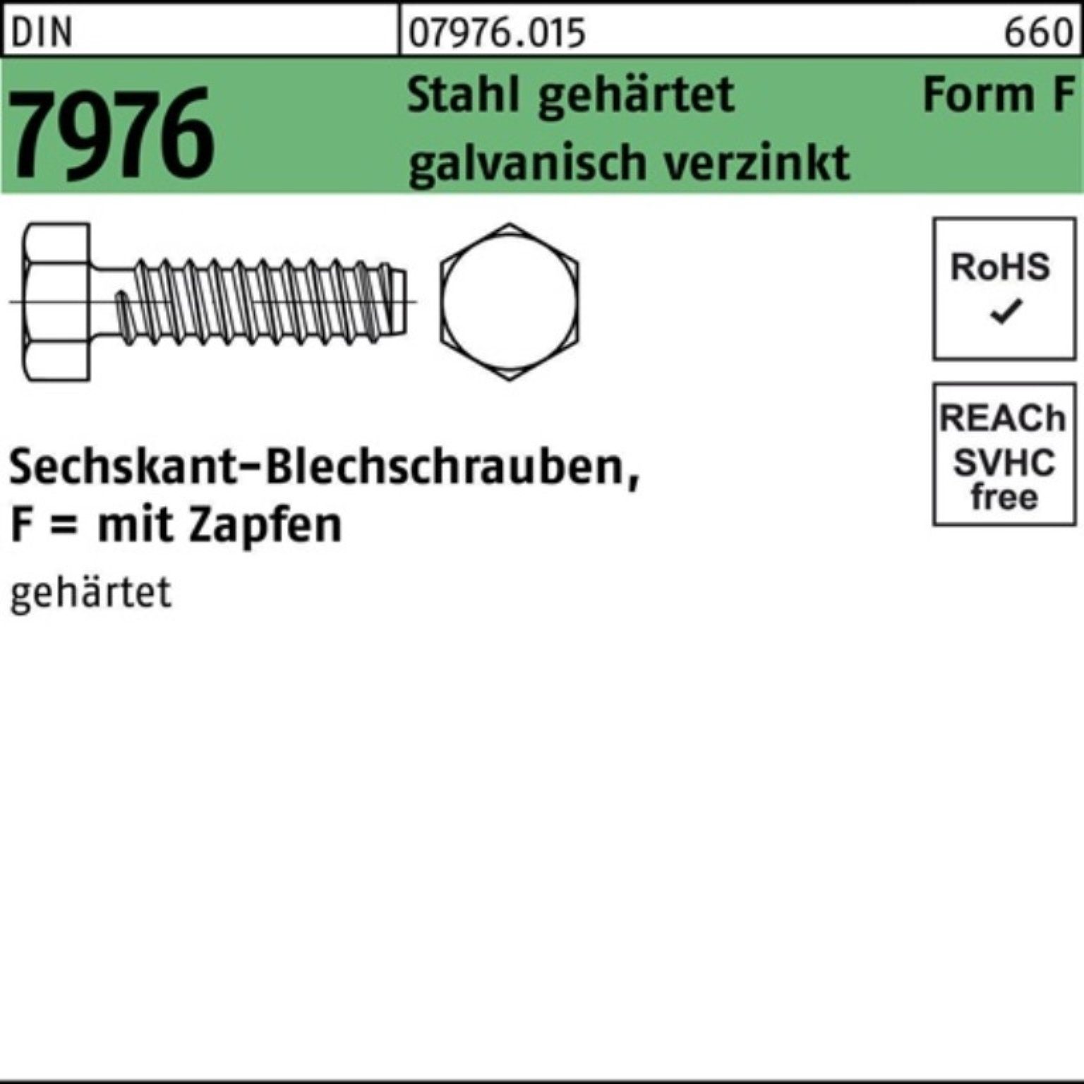Reyher Blechschraube 500er Pack Blechschraube DIN 7976 Sechskant/Zapfen 4,8x16 -F Stahl geh