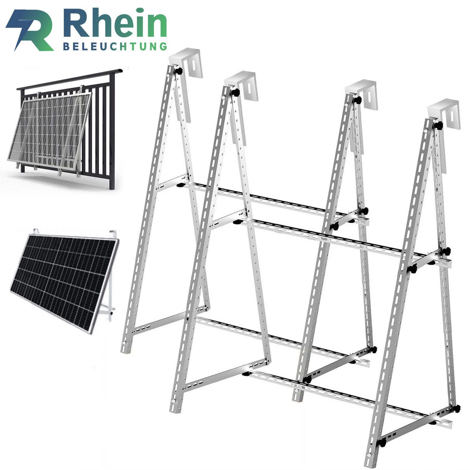 Rhein Beleuchtung Solarmodul 118 cm Solarpanel Halterung – Aluminium Balkonkraftwerk Halterung, (Für Balkon, Wohnmobil & Flachdach – platzsparende Solarpanel Halterung), Verstellbarer Winkel 0–90°, robust & wetterfest – passend für PV Modul