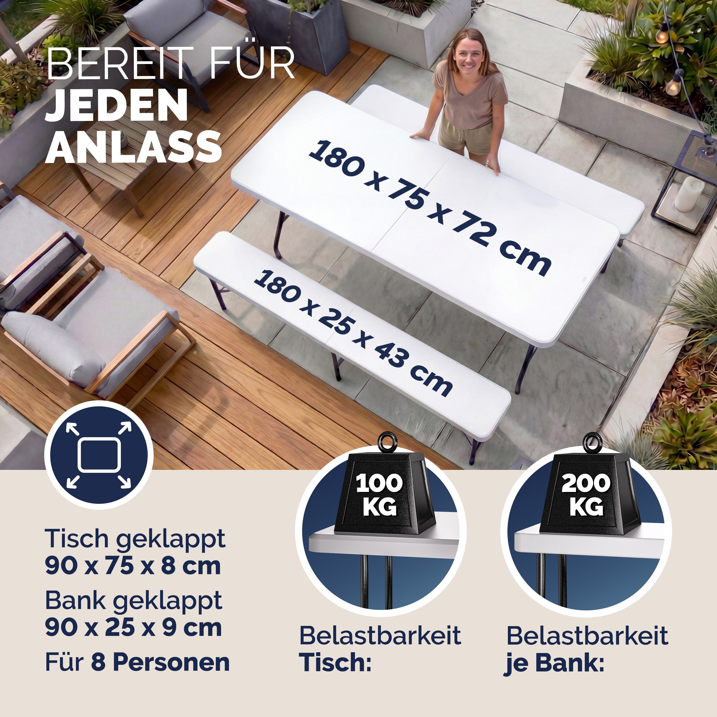Casaria Bierzeltgarnitur, (3-tlg), 180 cm Klappbar Kunststoff 2x Bierbank 1x Breiter Tisch Holz