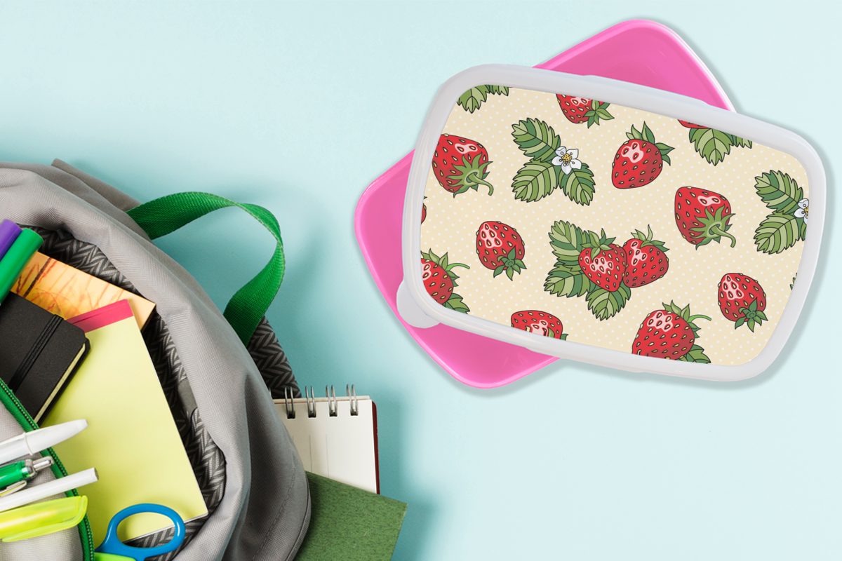Erdbeeren - Erwachsene, Obst Snackbox, Kunststoff - Muster, Brotbox MuchoWow Lunchbox Mädchen, Brotdose für (2-tlg), Kinder, Kunststoff, rosa